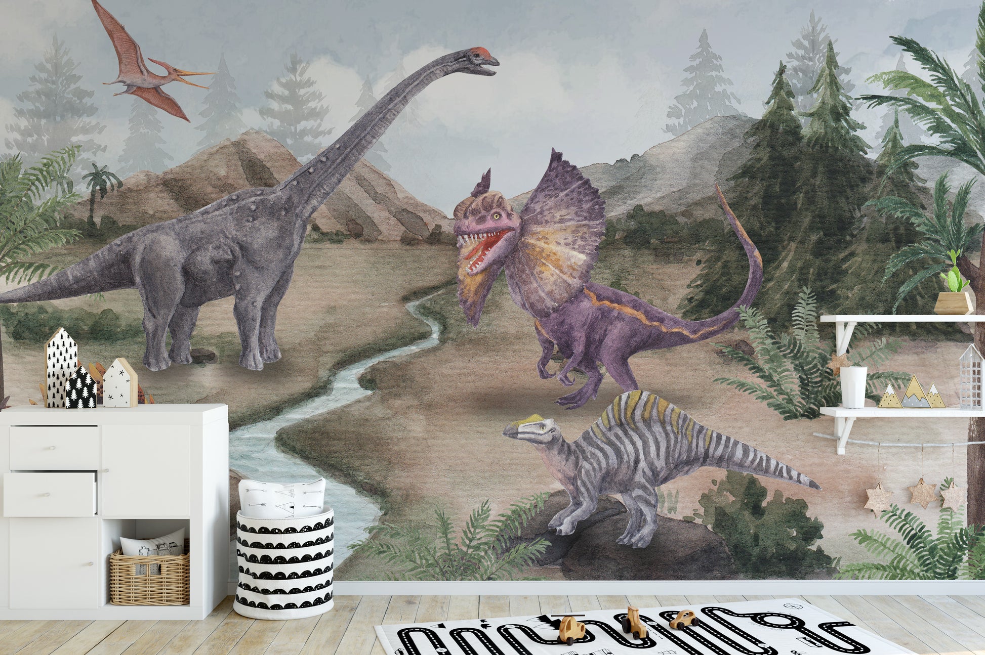 Dinosaur wall mural wallpaper with a natural forest backdrop.