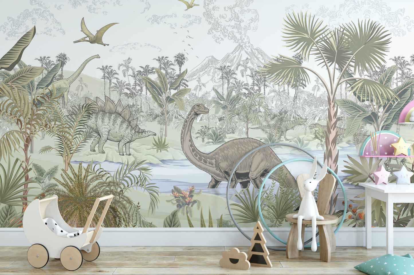 Stegosaurus and Brontosaurus wallpaper for toddlers’ room