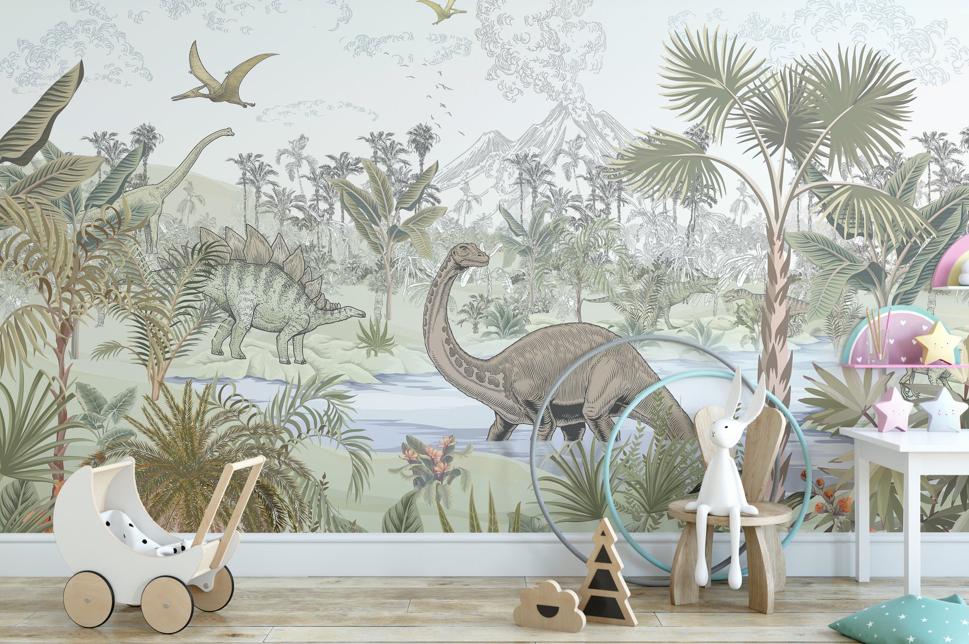 Stegosaurus and Brontosaurus wallpaper for toddlers’ room