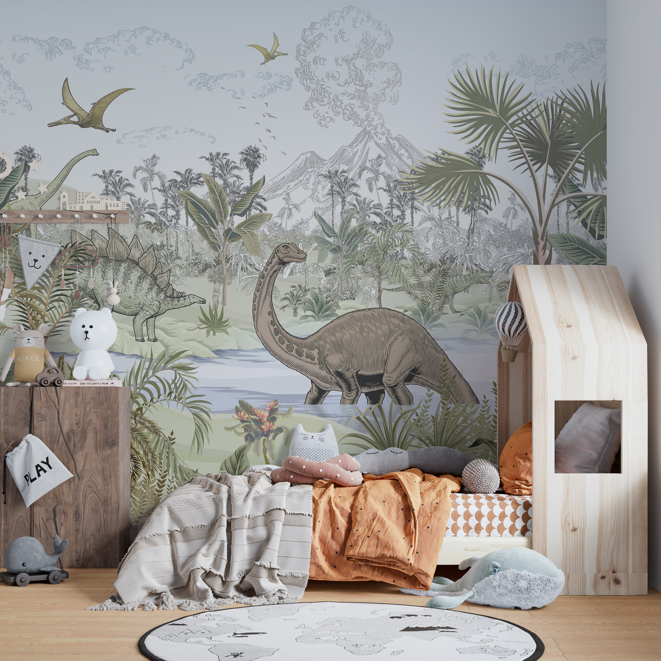 Jurassic dinosaur-themed kids room wallpaper