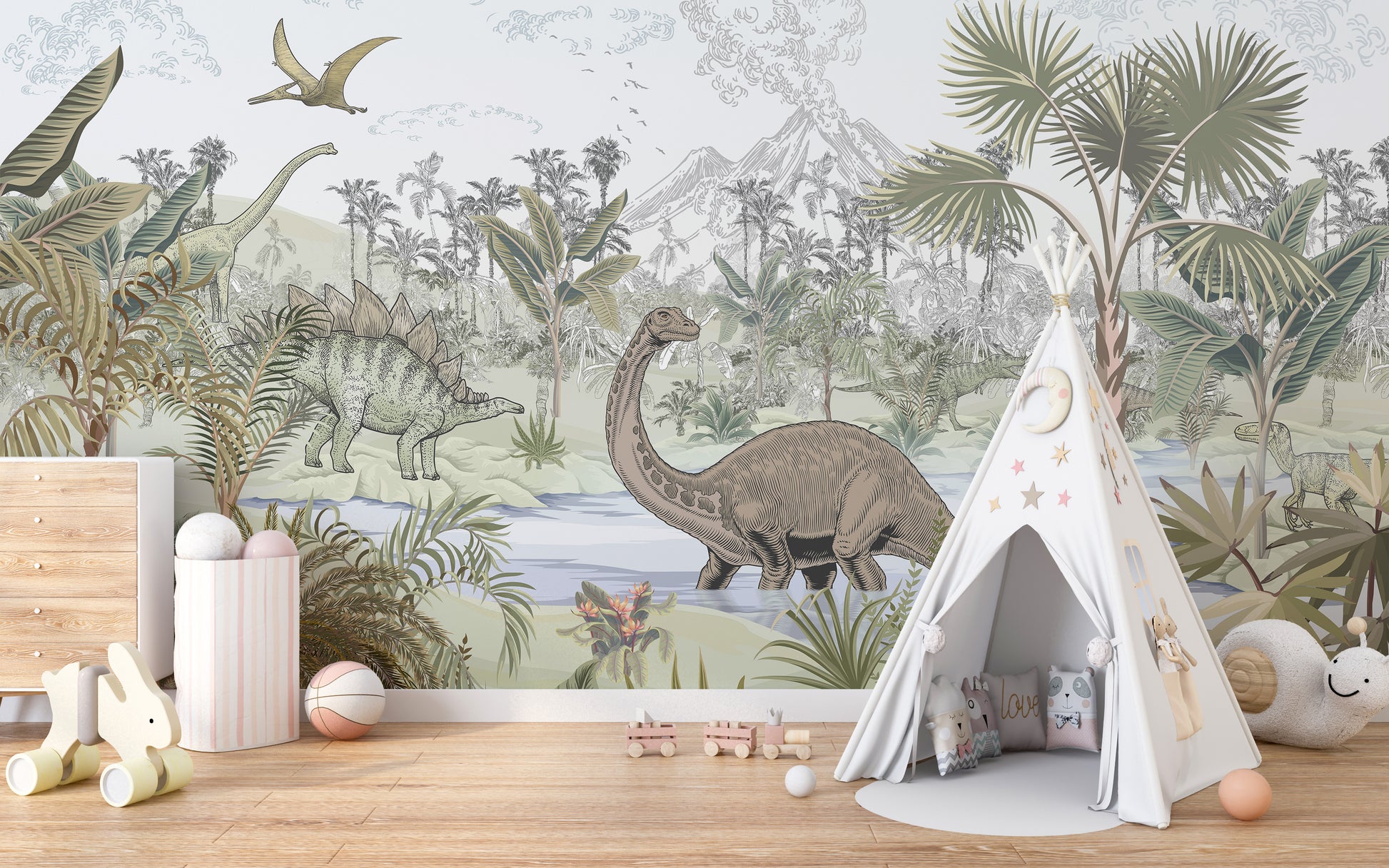 Prehistoric jungle wallpaper for kids' bedroom