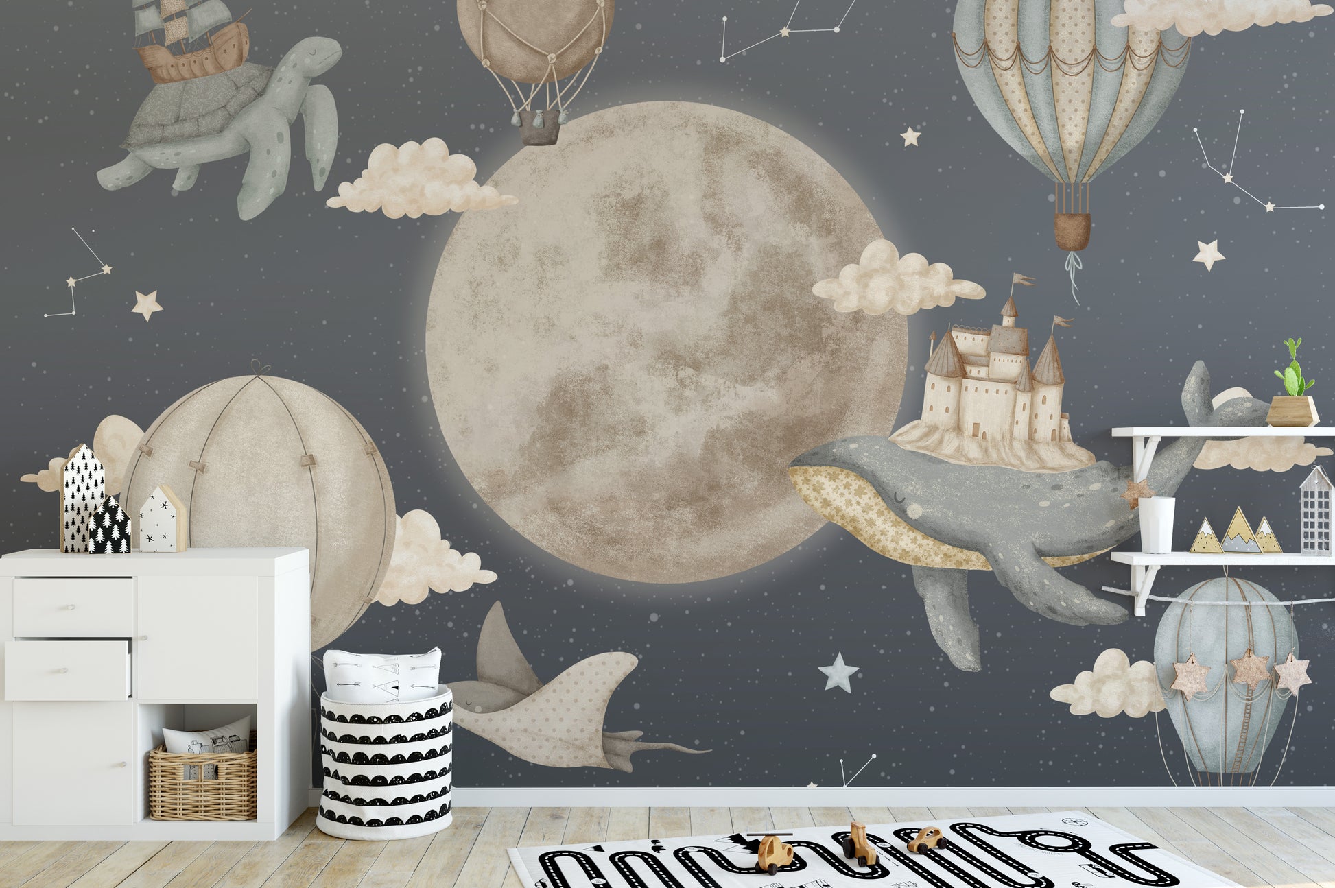 Hot air balloon wallpaper mural for unique kids' spaces.