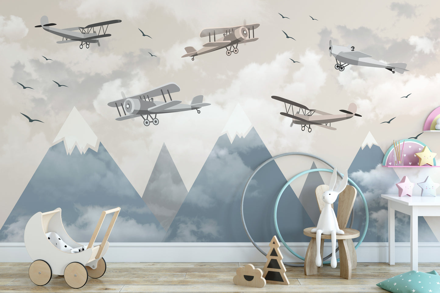 Vintage plane wallpaper for children’s rooms.