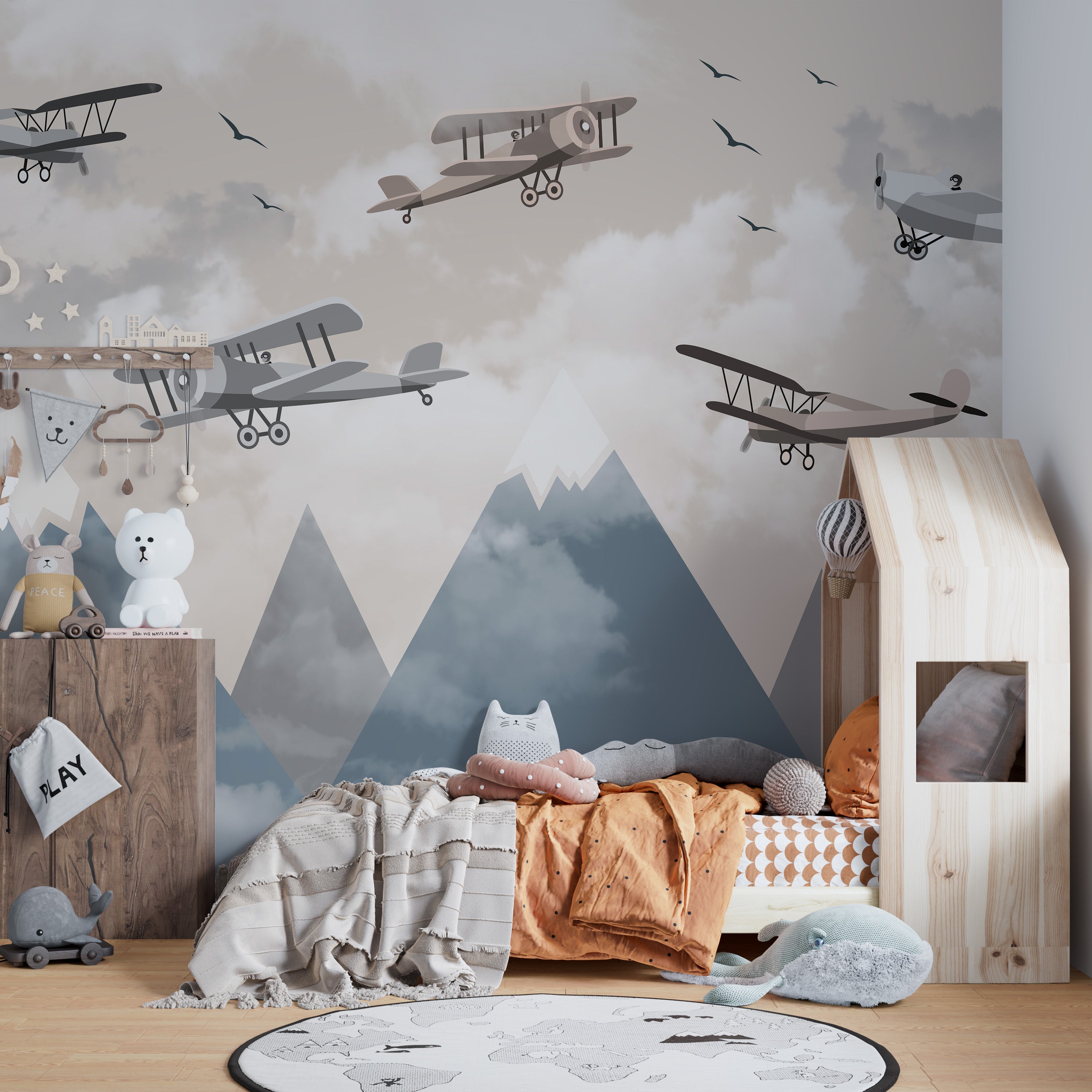 Flying biplanes over mountains vintage wallpaper decor.