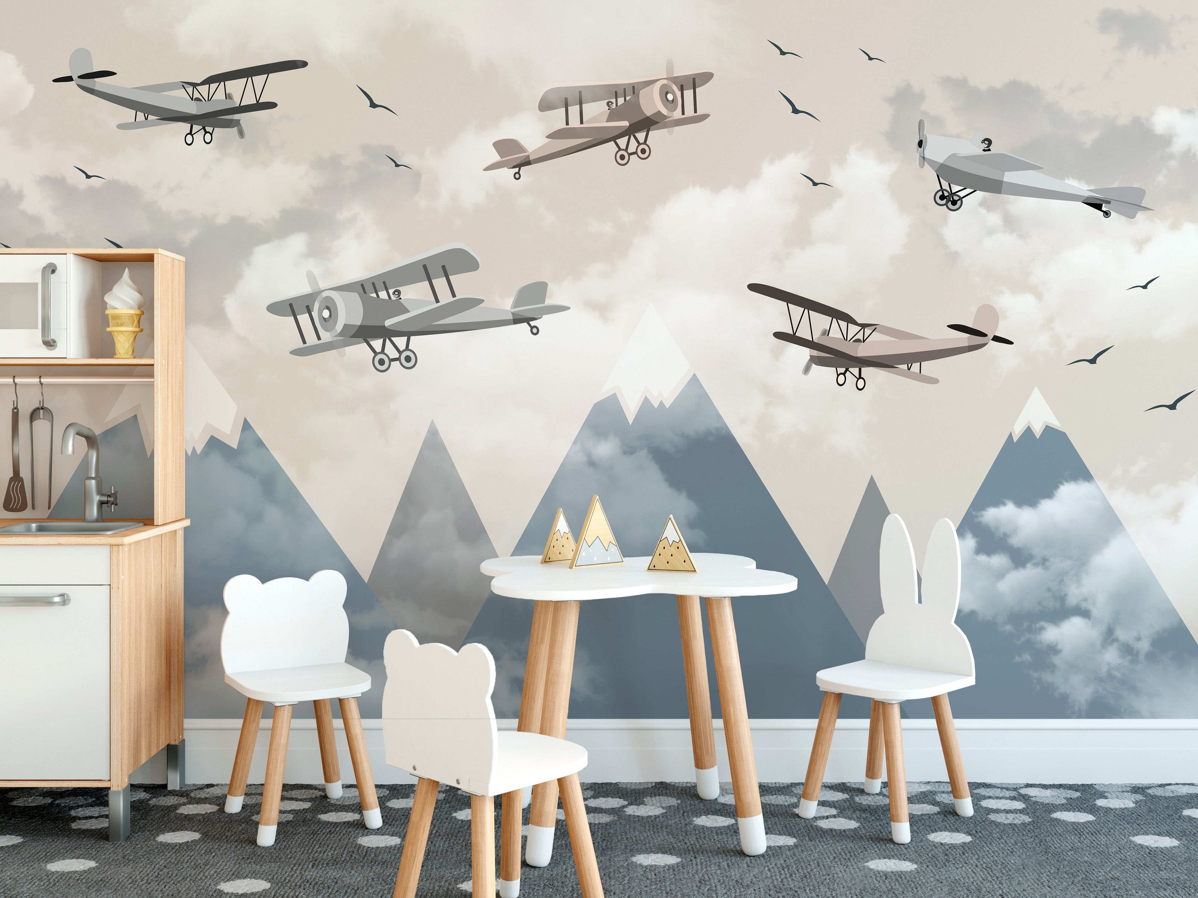 Classic biplane vintage aircraft wallpaper for kids.