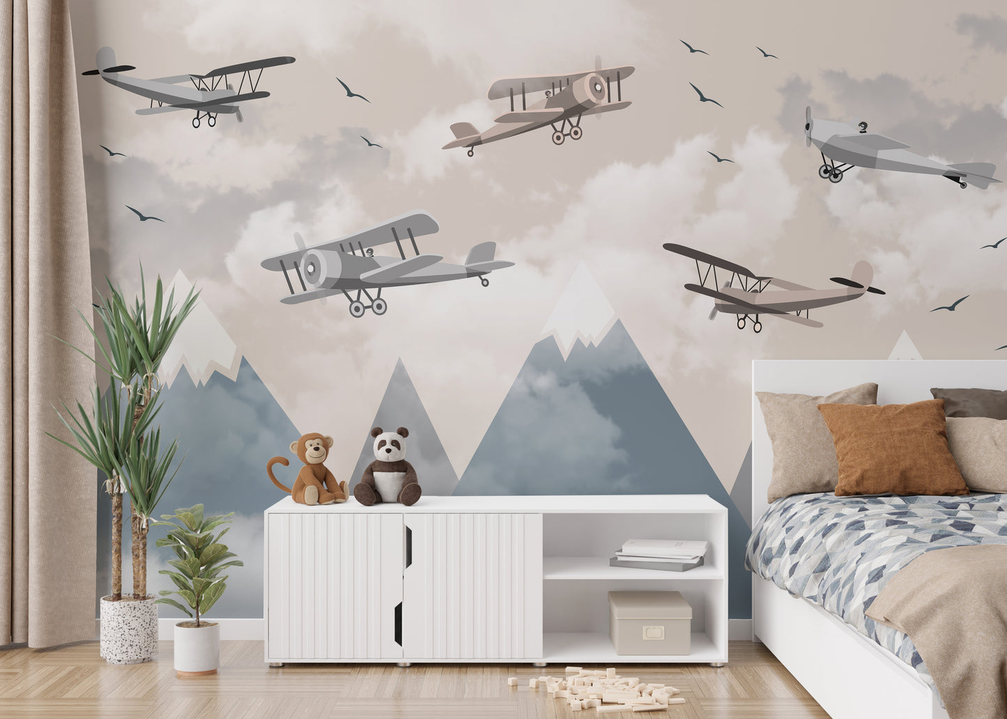 Vintage aircraft wallpaper with serene mountain views.