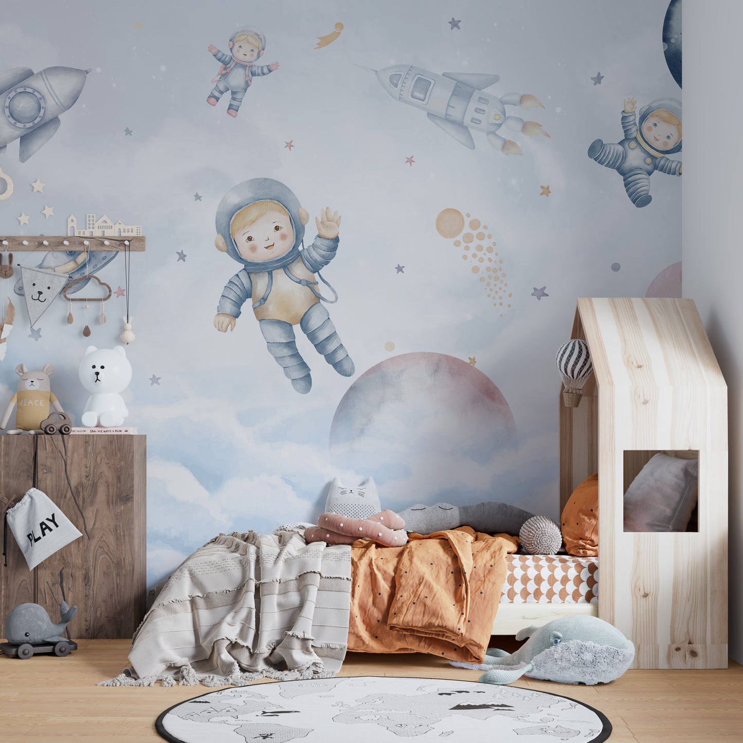 Whimsical space adventure wallpaper with rockets for kids.