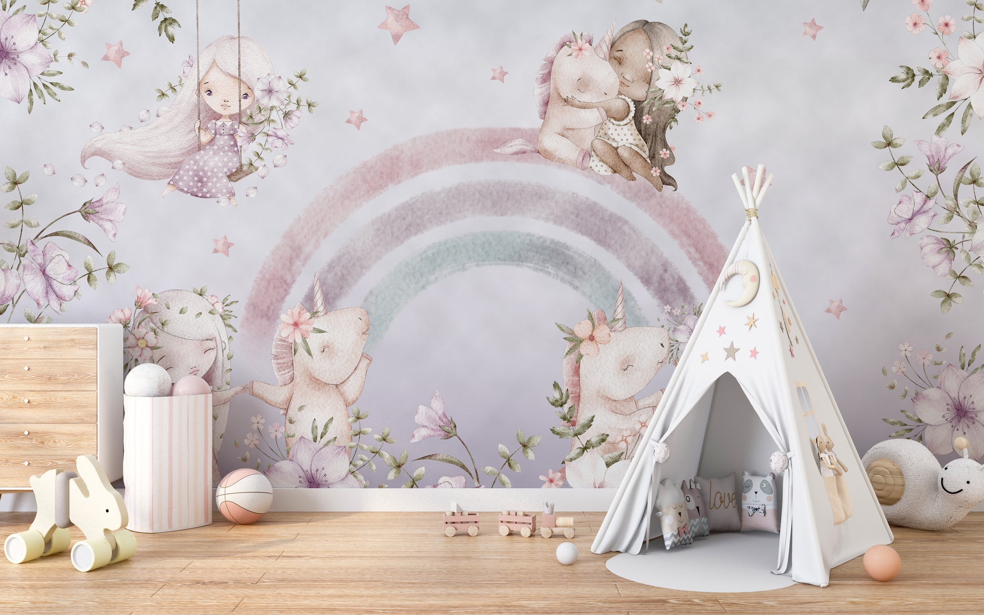 Whimsical rainbow wallpaper with floral unicorn accents.