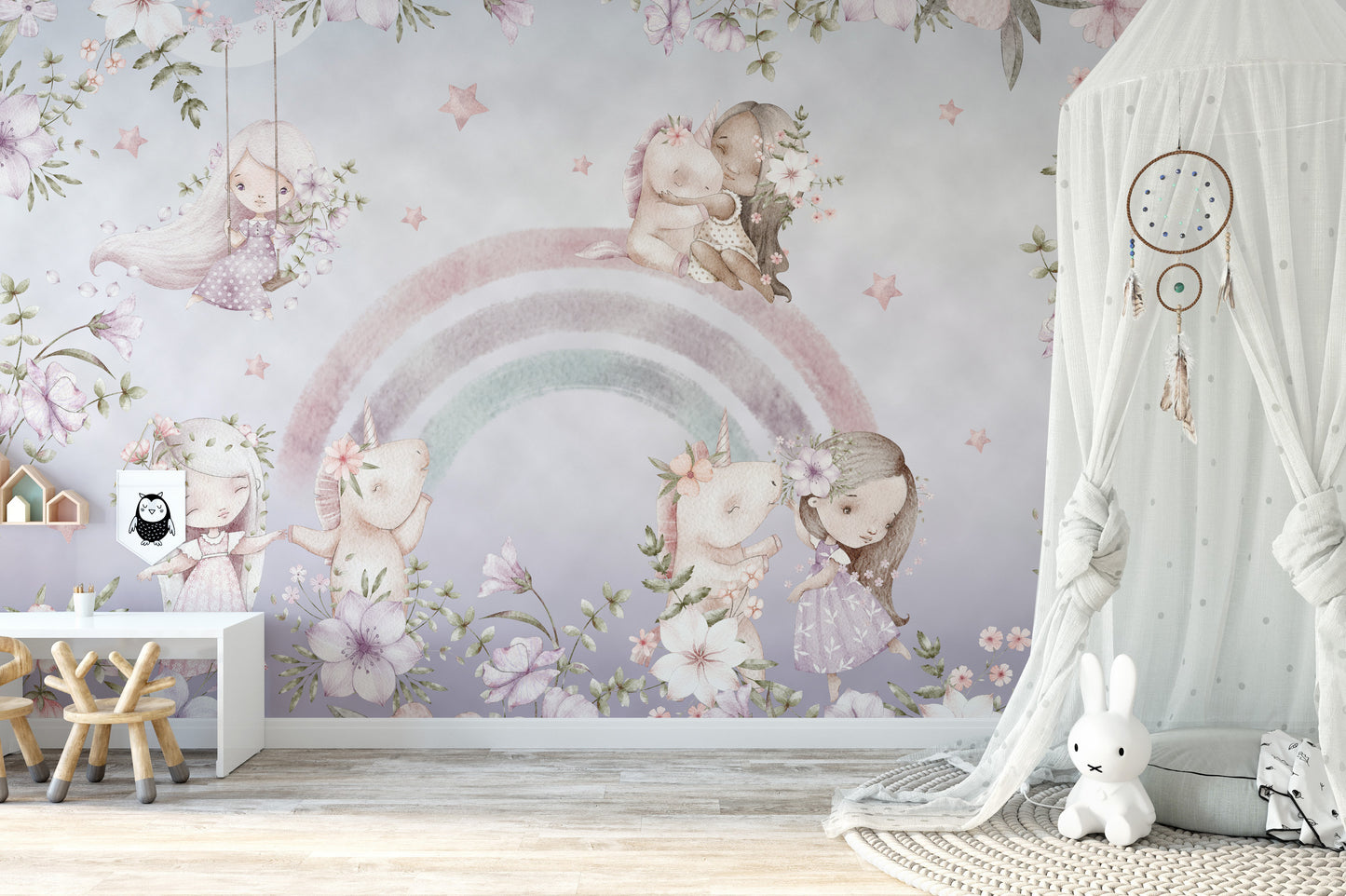 Kids' pastel rainbow wallpaper featuring fairytale unicorns.