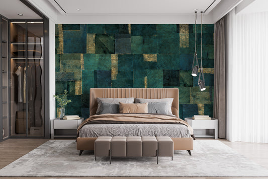 Green abstract wallpaper mural with a modern geometric design.