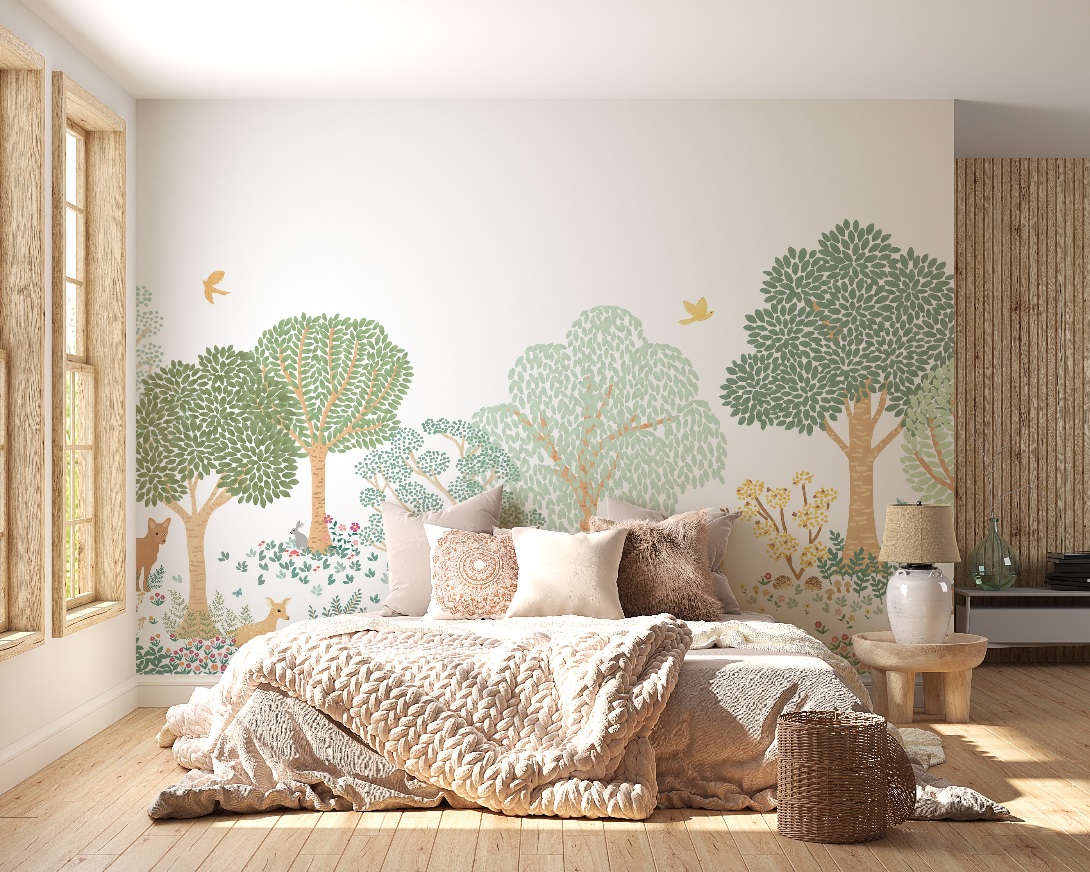 Forest animals wallpaper with lush greenery