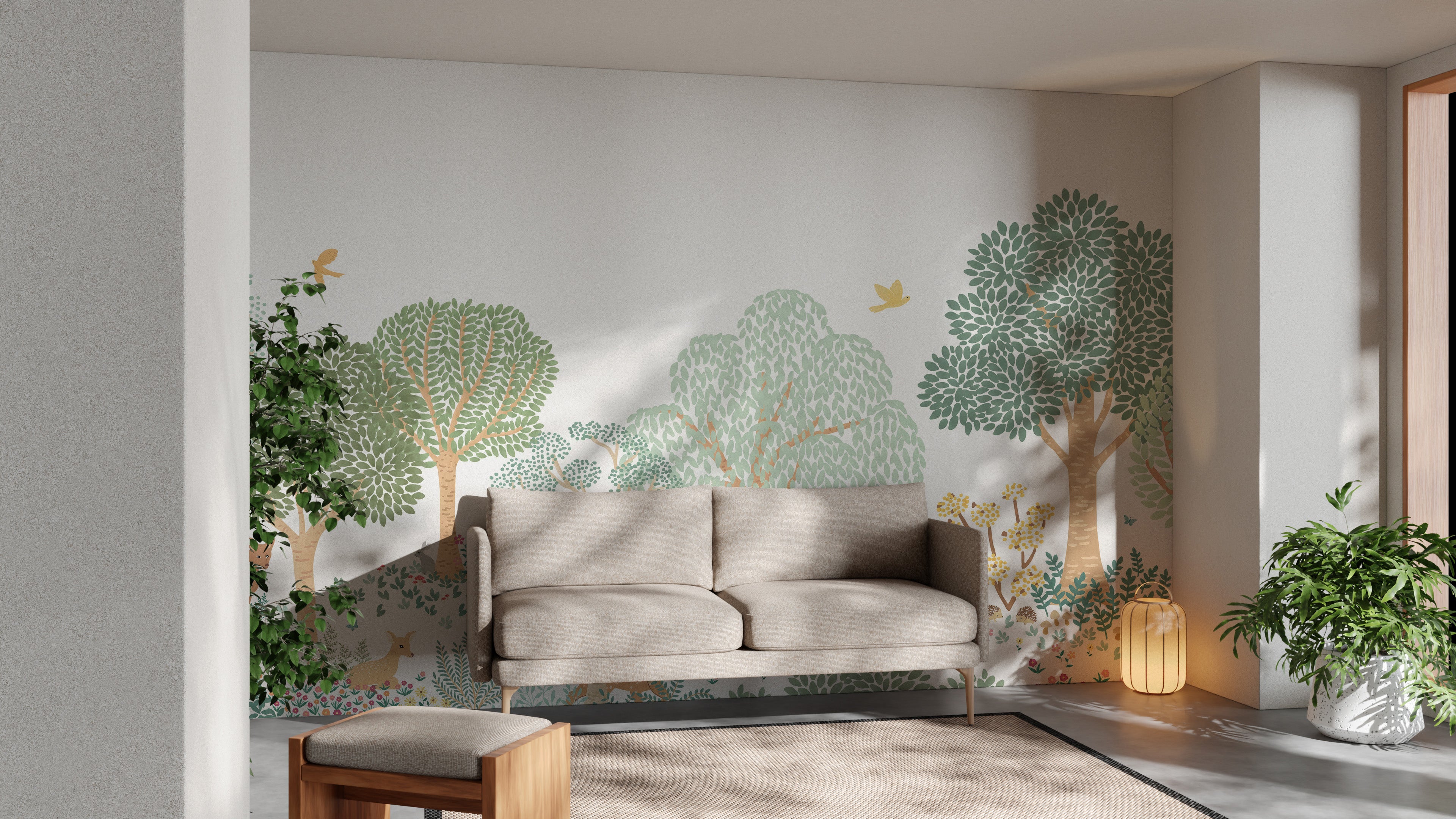 Playful green forest wallpaper for jungle-themed decor