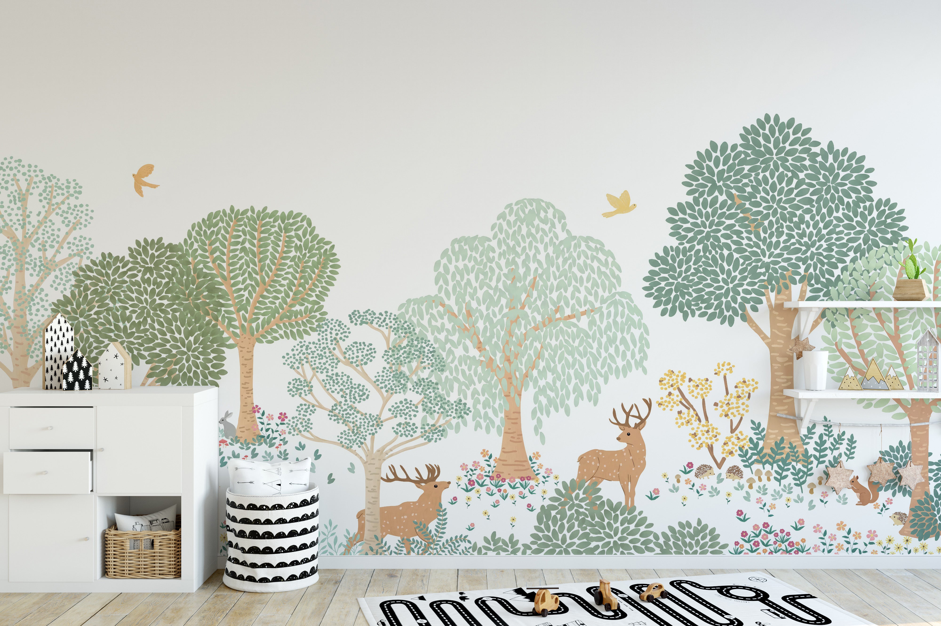 Cozy woodland animal wallpaper with a green backdrop