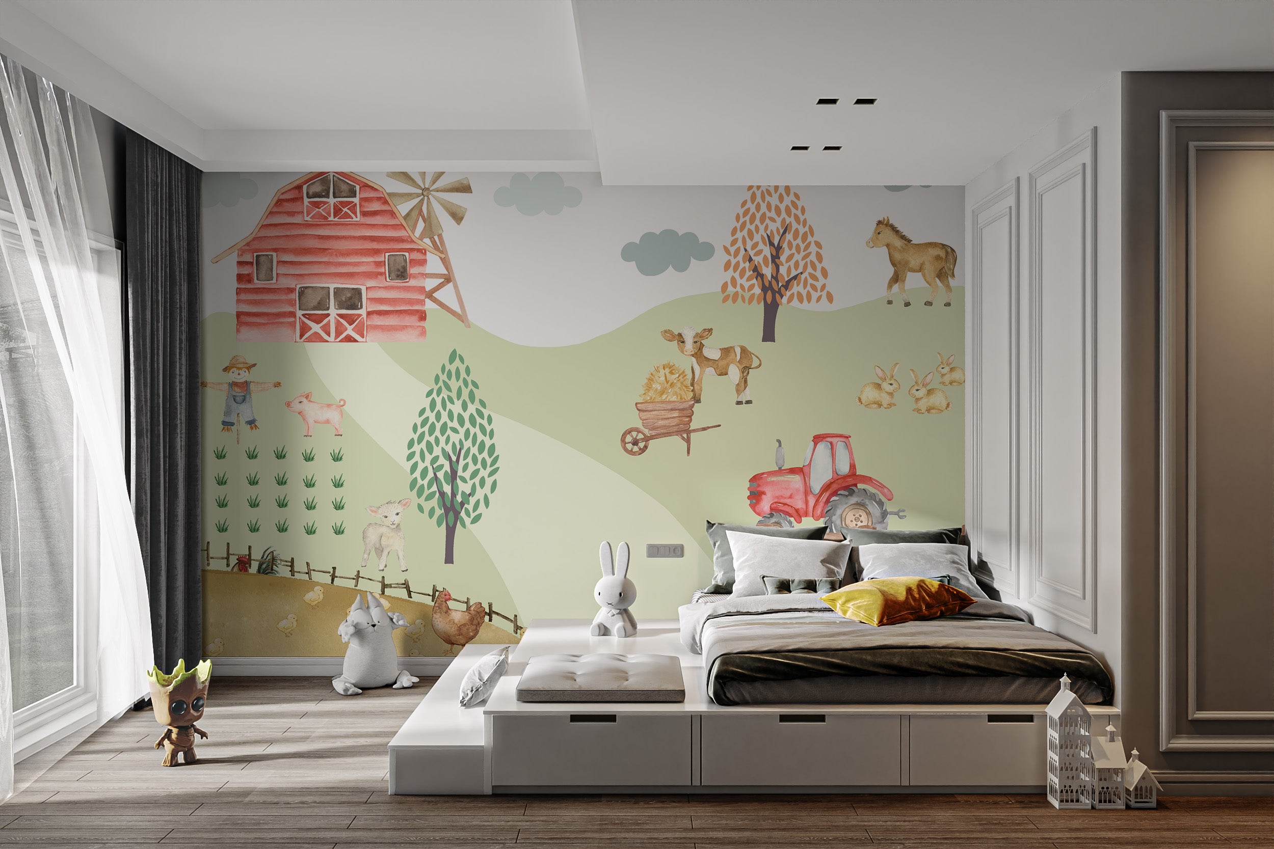 Cute and lively farmyard wallpaper perfect for kids' rooms, featuring tractors and friendly animals.