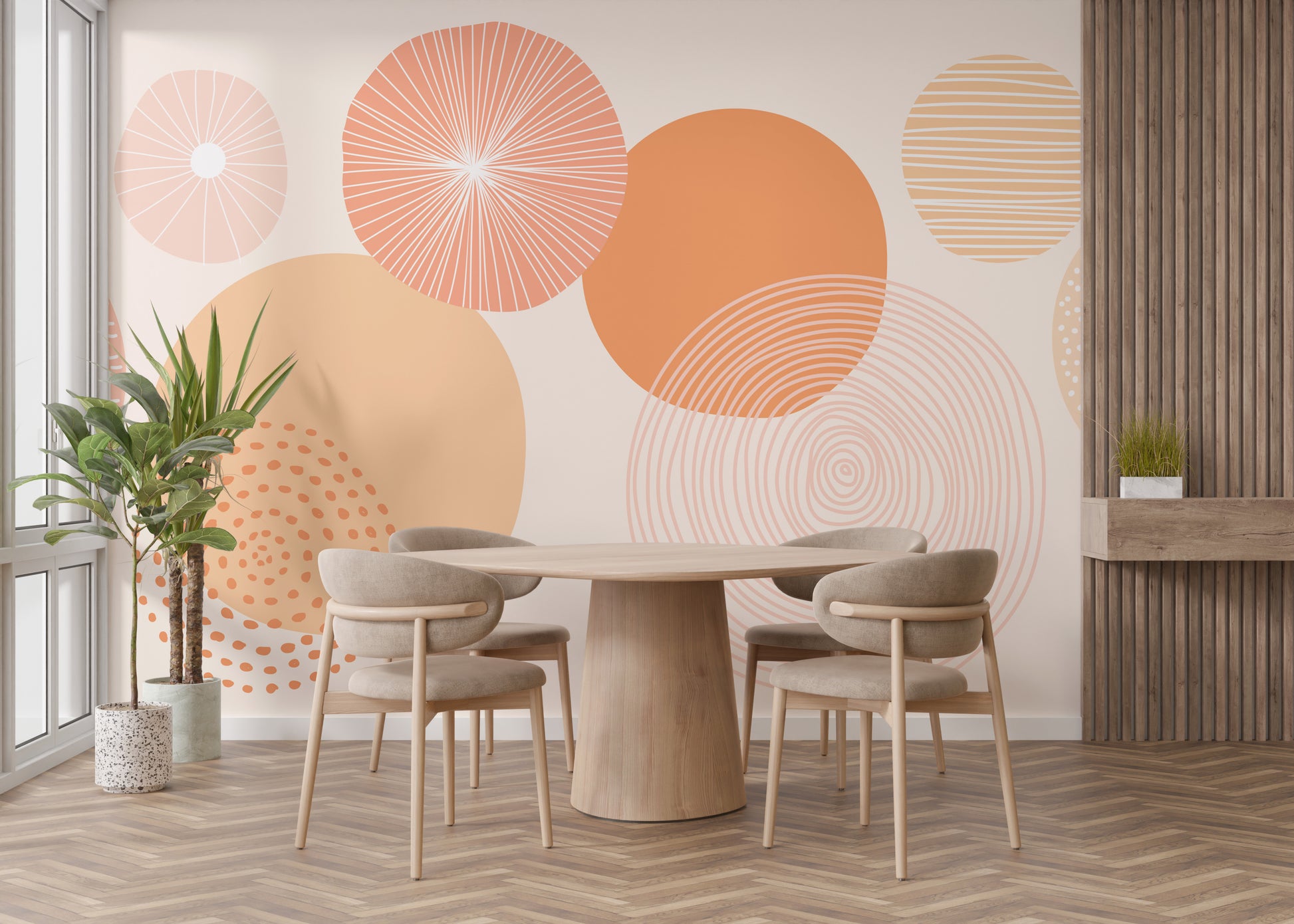 Peach-tone wallpaper featuring subtle and artistic circle motifs.