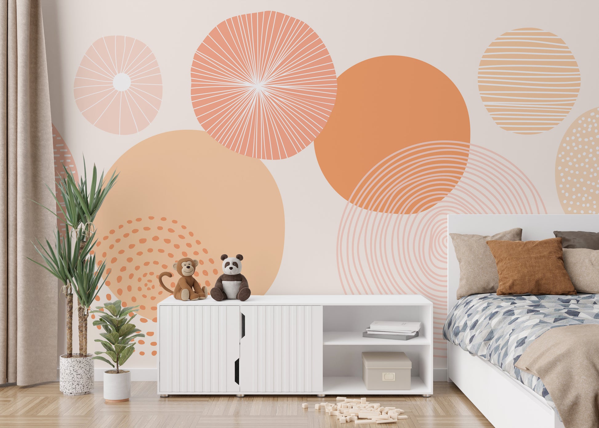 Minimalist wallpaper design with peach-toned circular shapes.