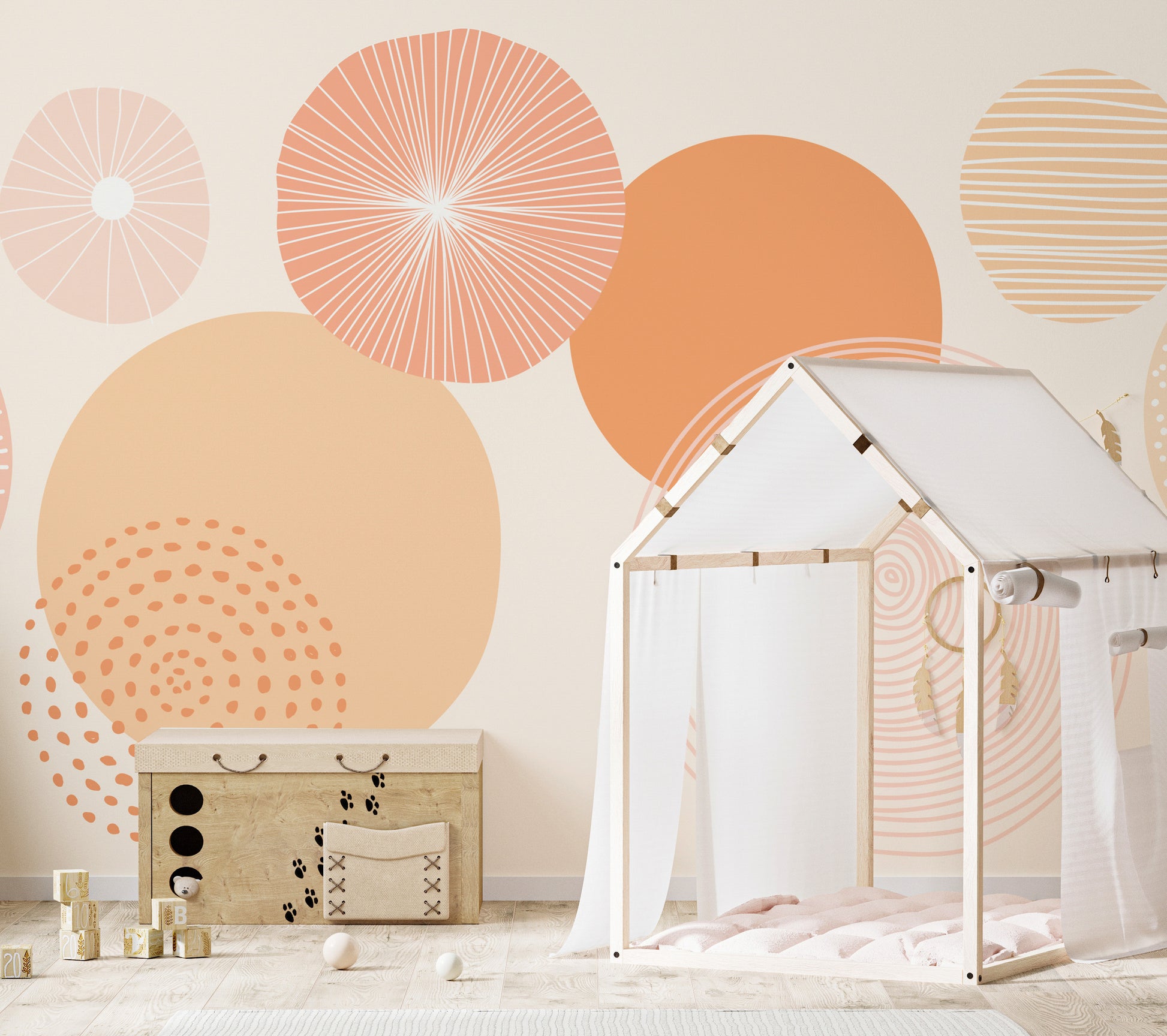 Modern abstract wallpaper with peach circles and a smooth finish.