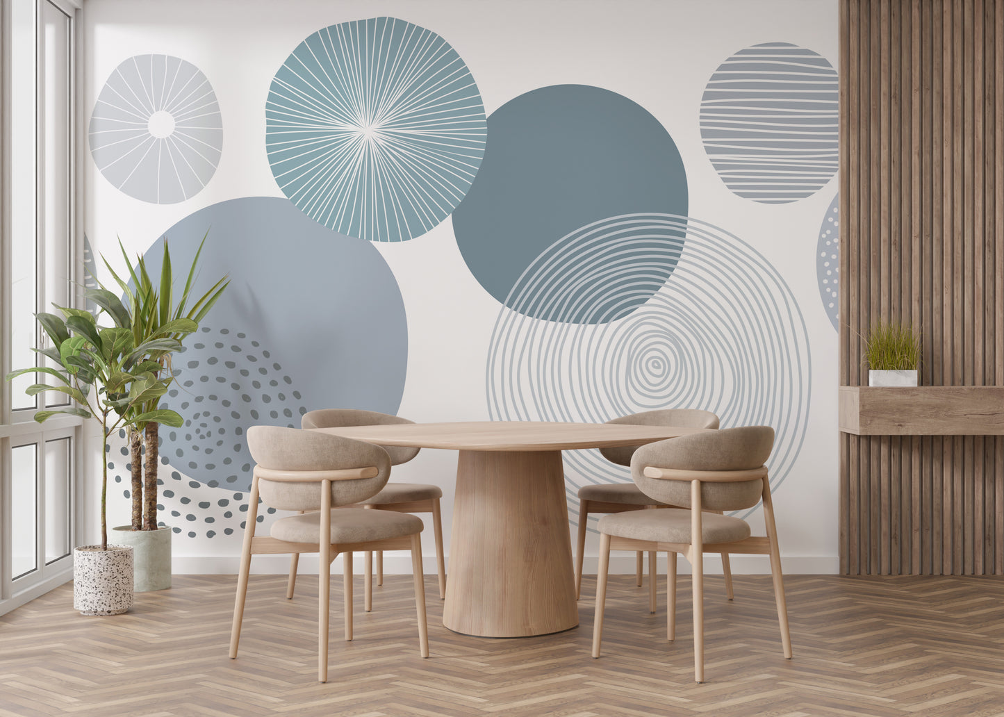 Contemporary blue abstract wallpaper with dynamic circle patterns.