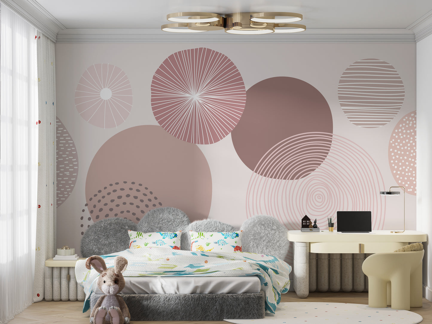 Artistic wallpaper with dusky mauve tones and symmetrical circle designs.