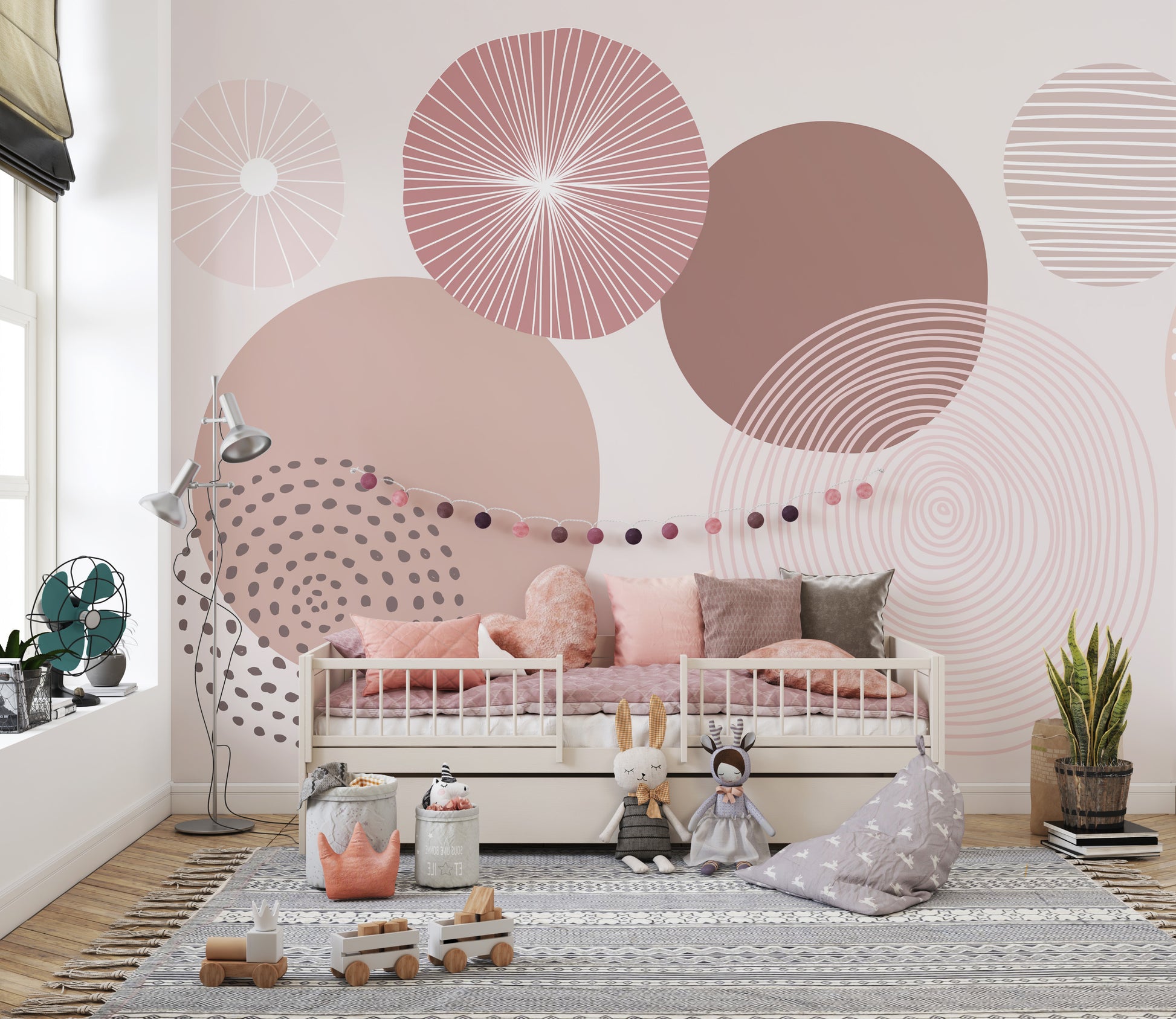 Minimalist wallpaper with soft mauve circles and geometric design.