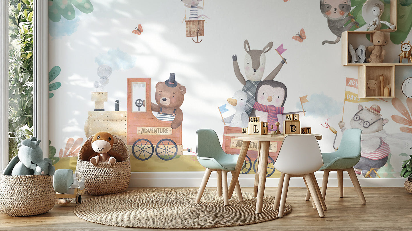 Charming wallpaper design featuring a train of animated animals in a countryside setting.