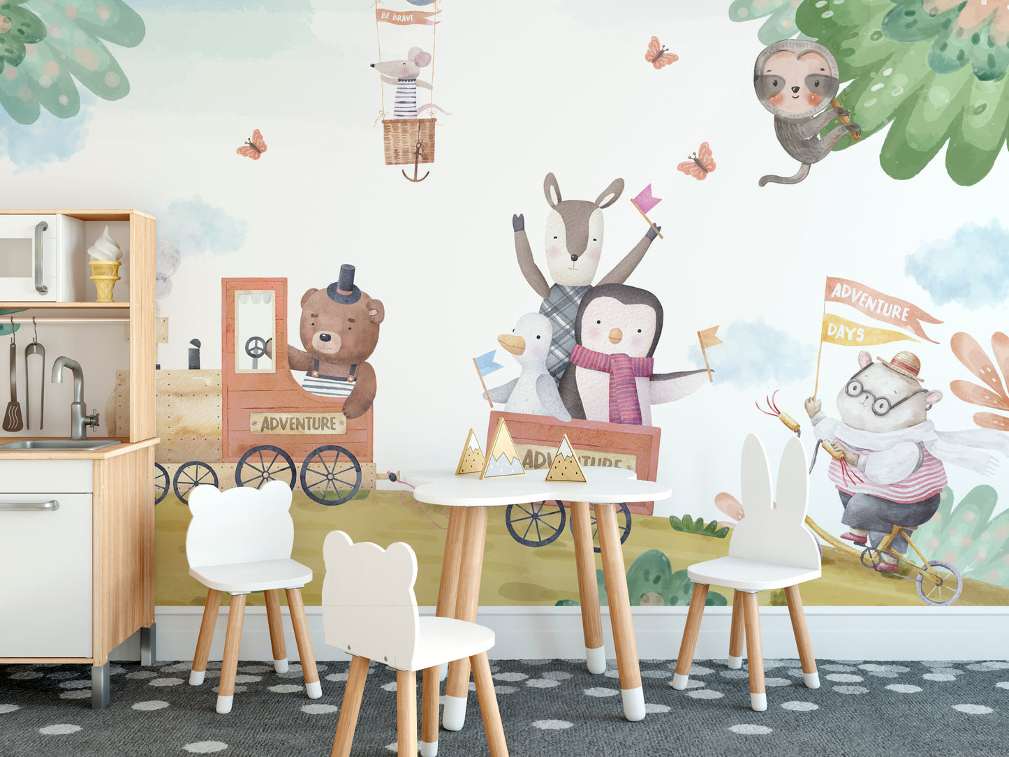 Playful wallpaper featuring a train filled with adorable cartoon animals.