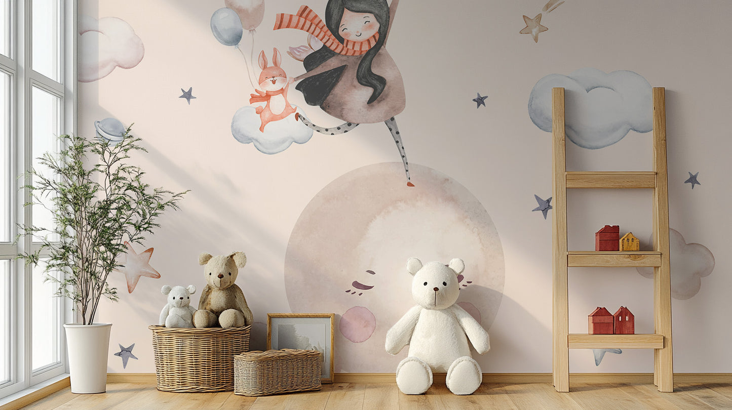 Enchanting kids’ wallpaper with a whimsical outer space adventure.