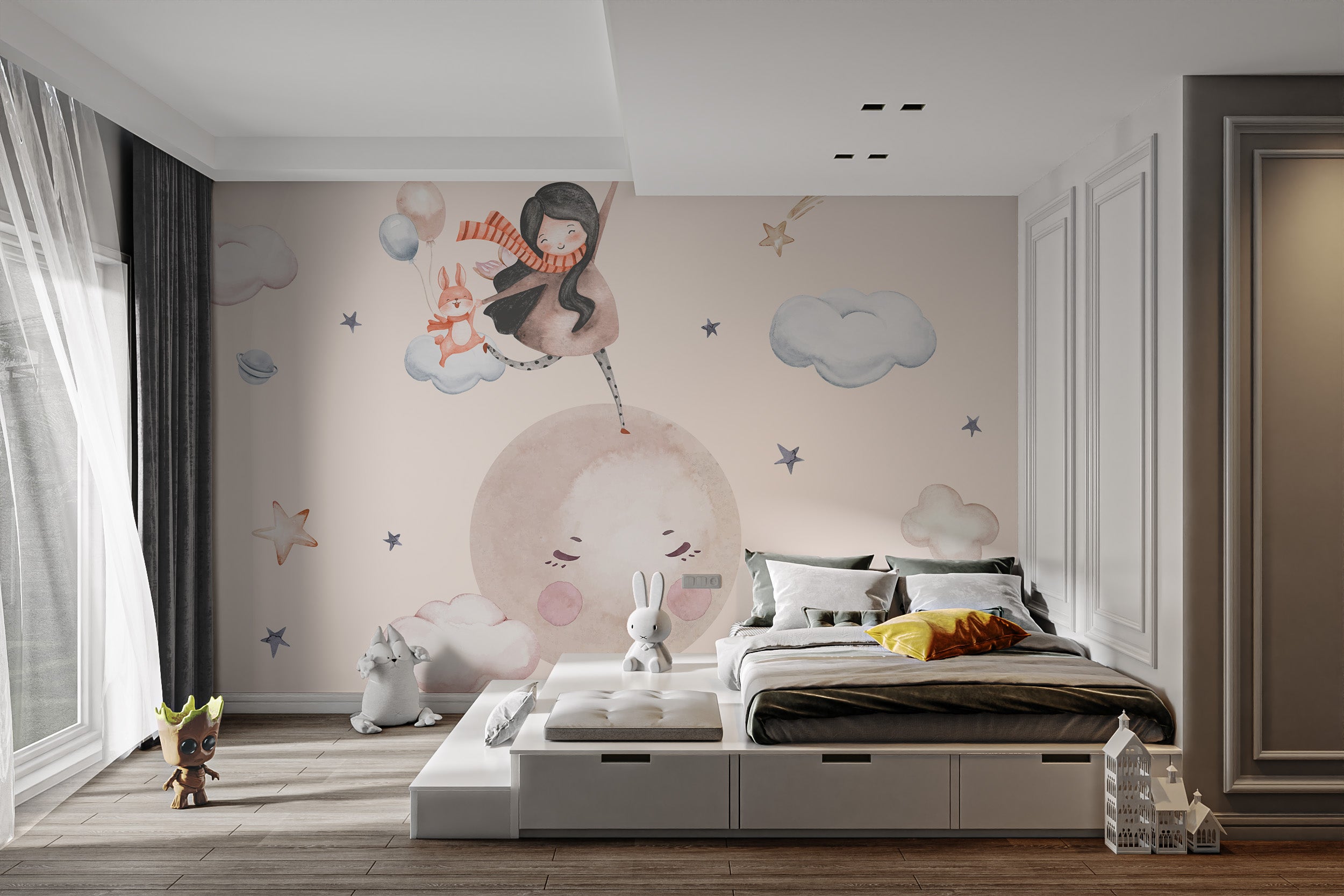 Dreamy celestial wallpaper with a sleeping moon, floating clouds, and shooting stars.