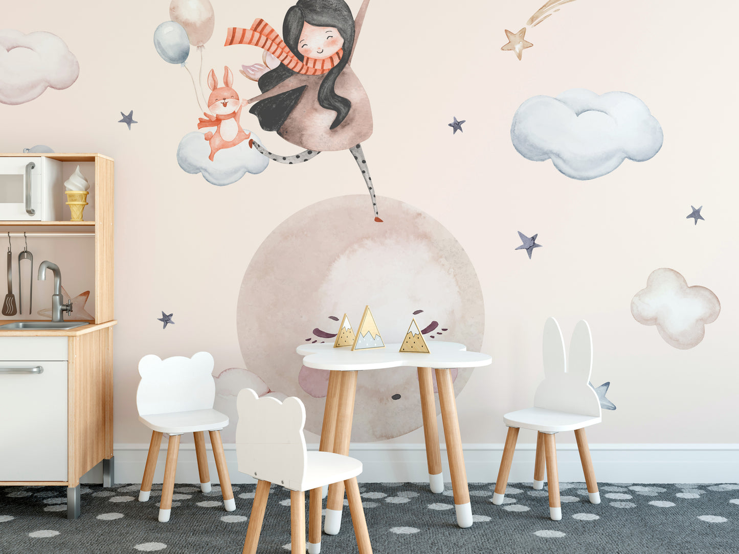 Charming space-themed wallpaper for kids with a floating girl and sleepy moon.