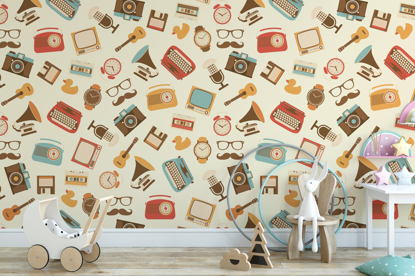 Mid-century modern wallpaper with old gadgets