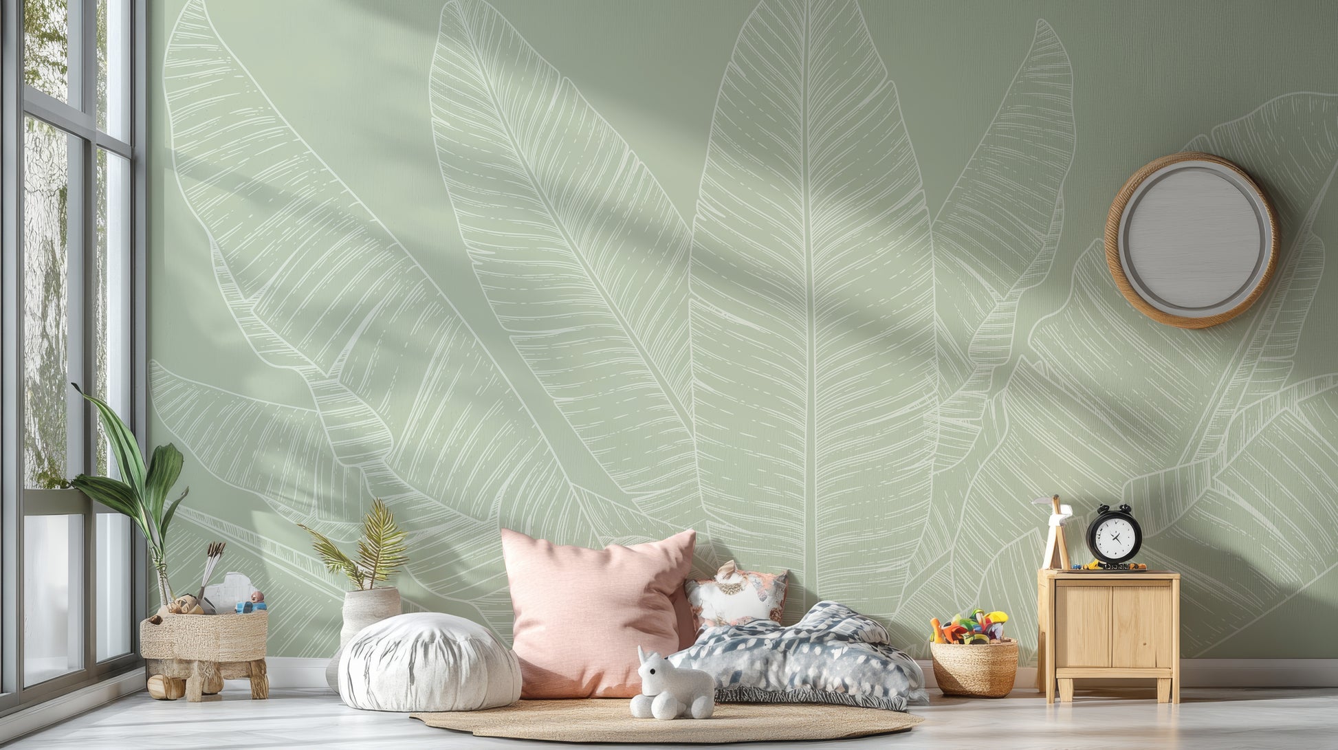 Tropical banana leaf wallpaper with line art