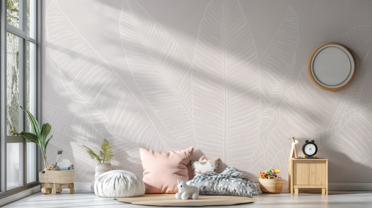 Subtle beige botanical wallpaper with leaf art