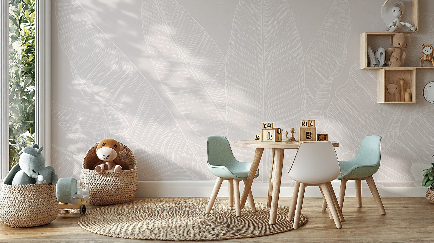 Elegant banana leaf mural in warm beige tones