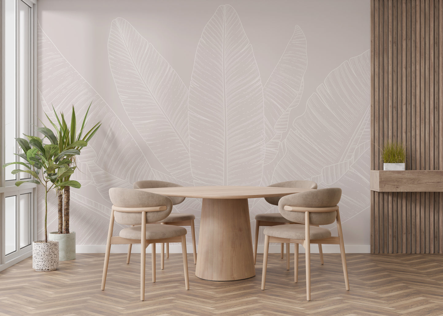 Stylish tropical leaf mural in soft beige hues