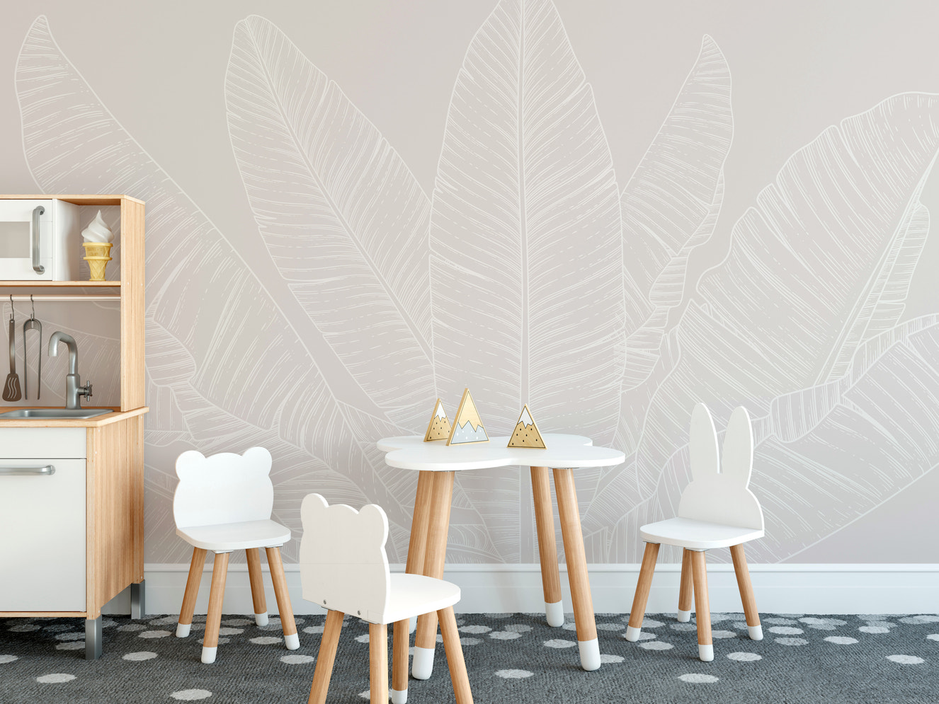 Soft neutral wallpaper featuring banana leaves