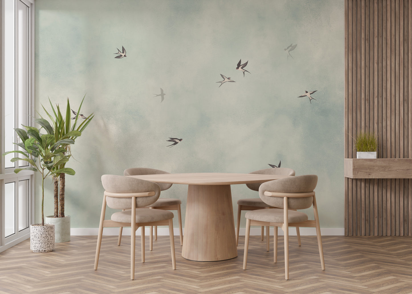 Tranquil wallpaper featuring birds in motion