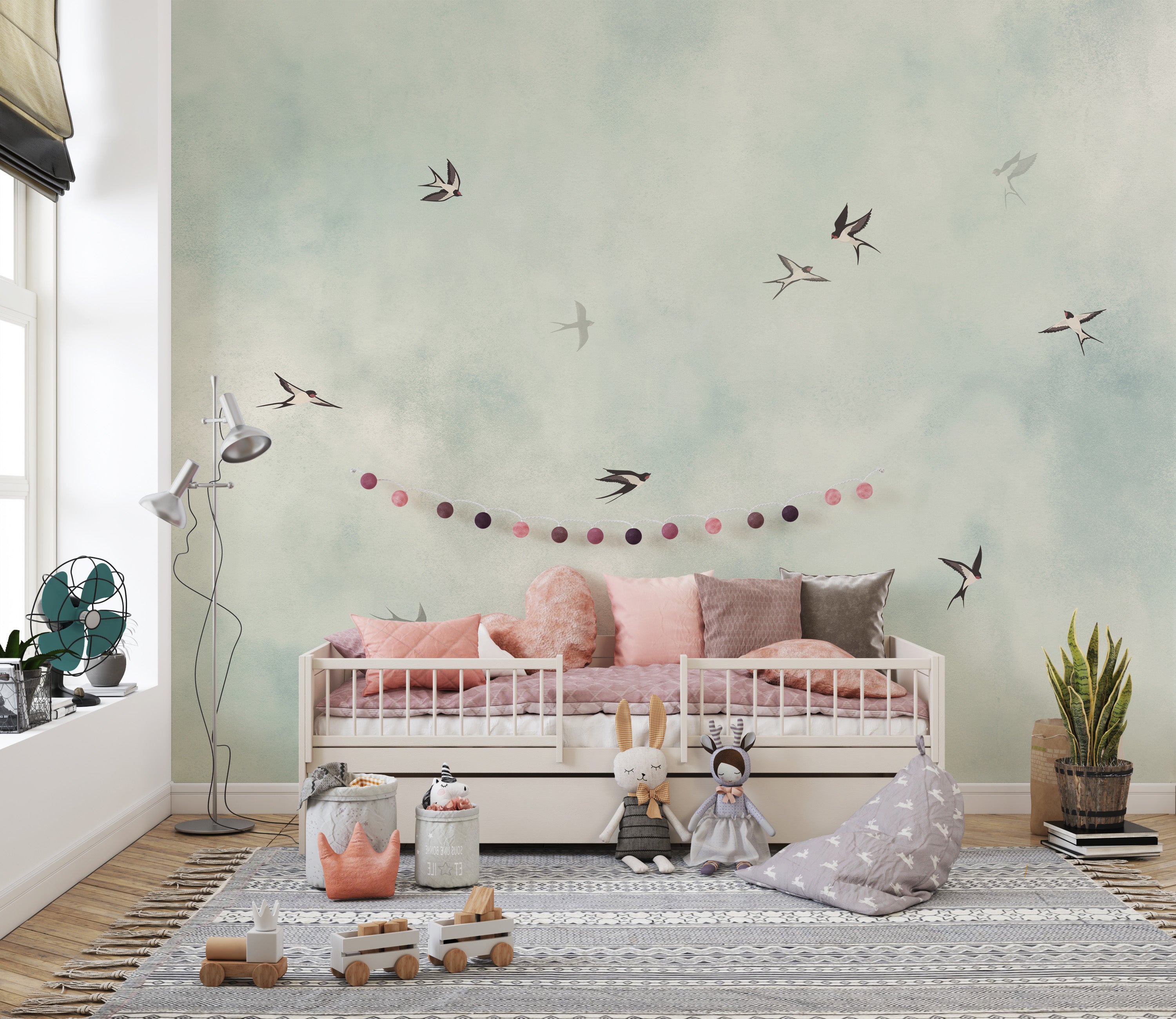 Swallow dance mural with soft watercolor sky