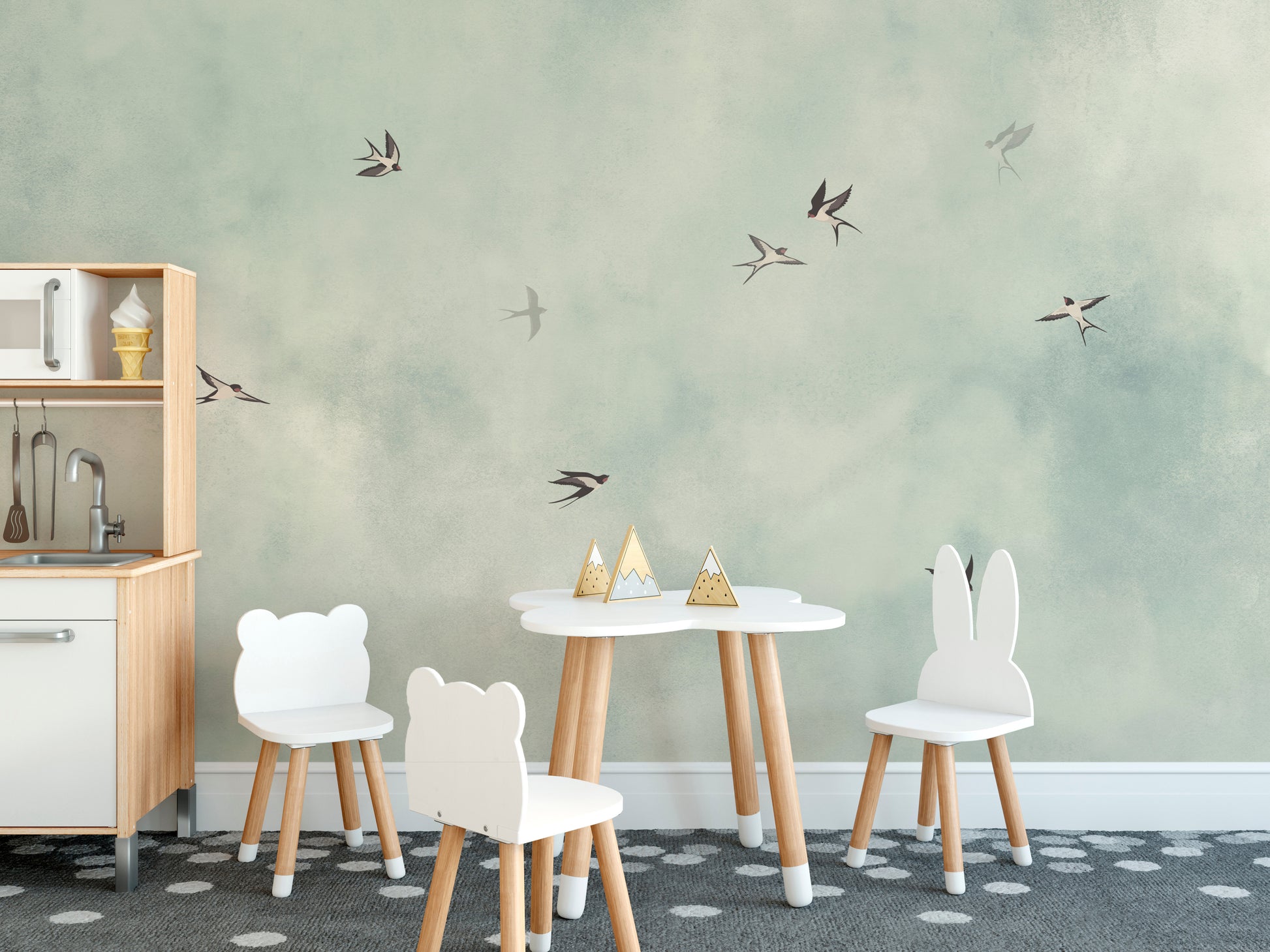 Soft blue sky wallpaper with flying swallows