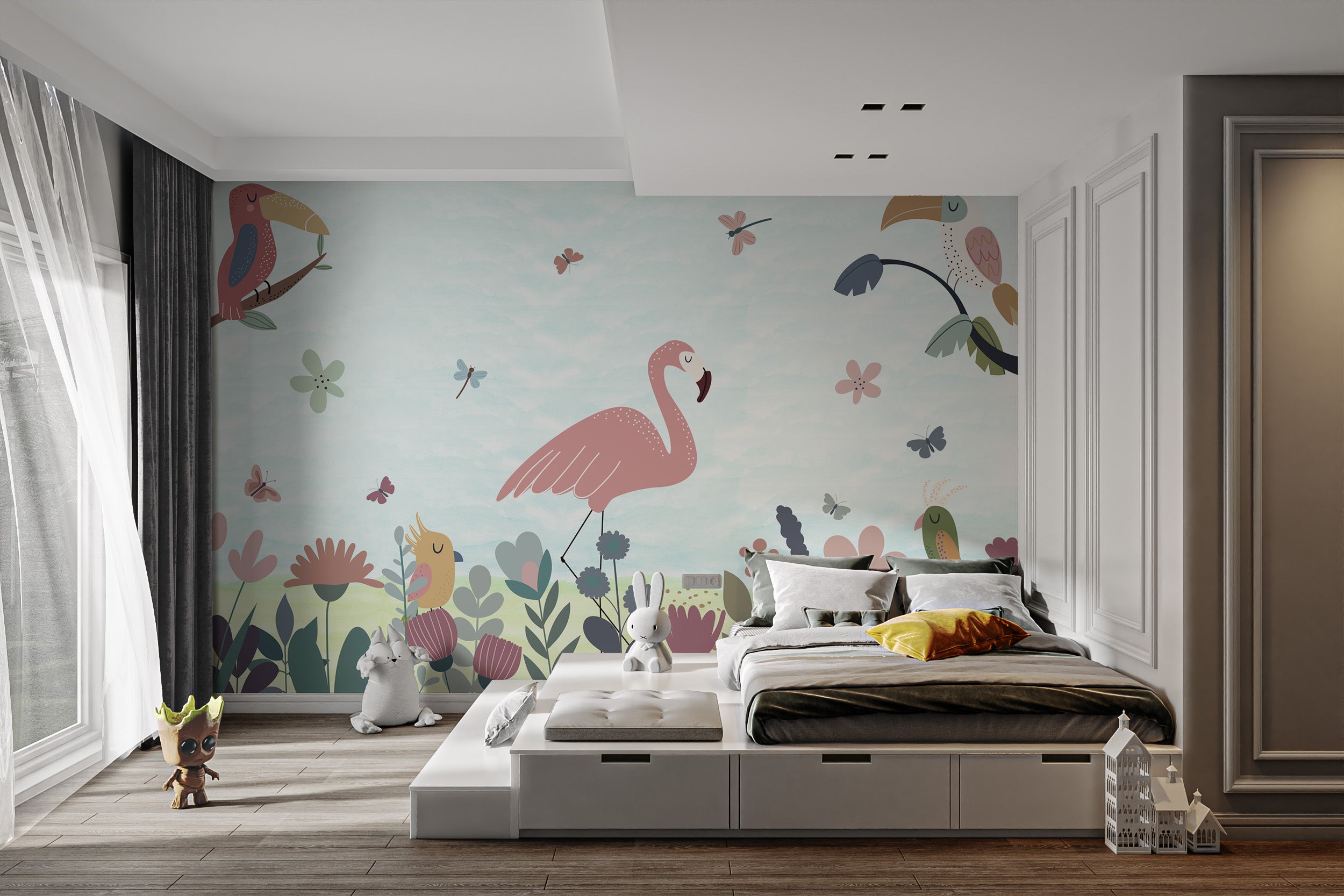 Tropical paradise wallpaper with exotic birds