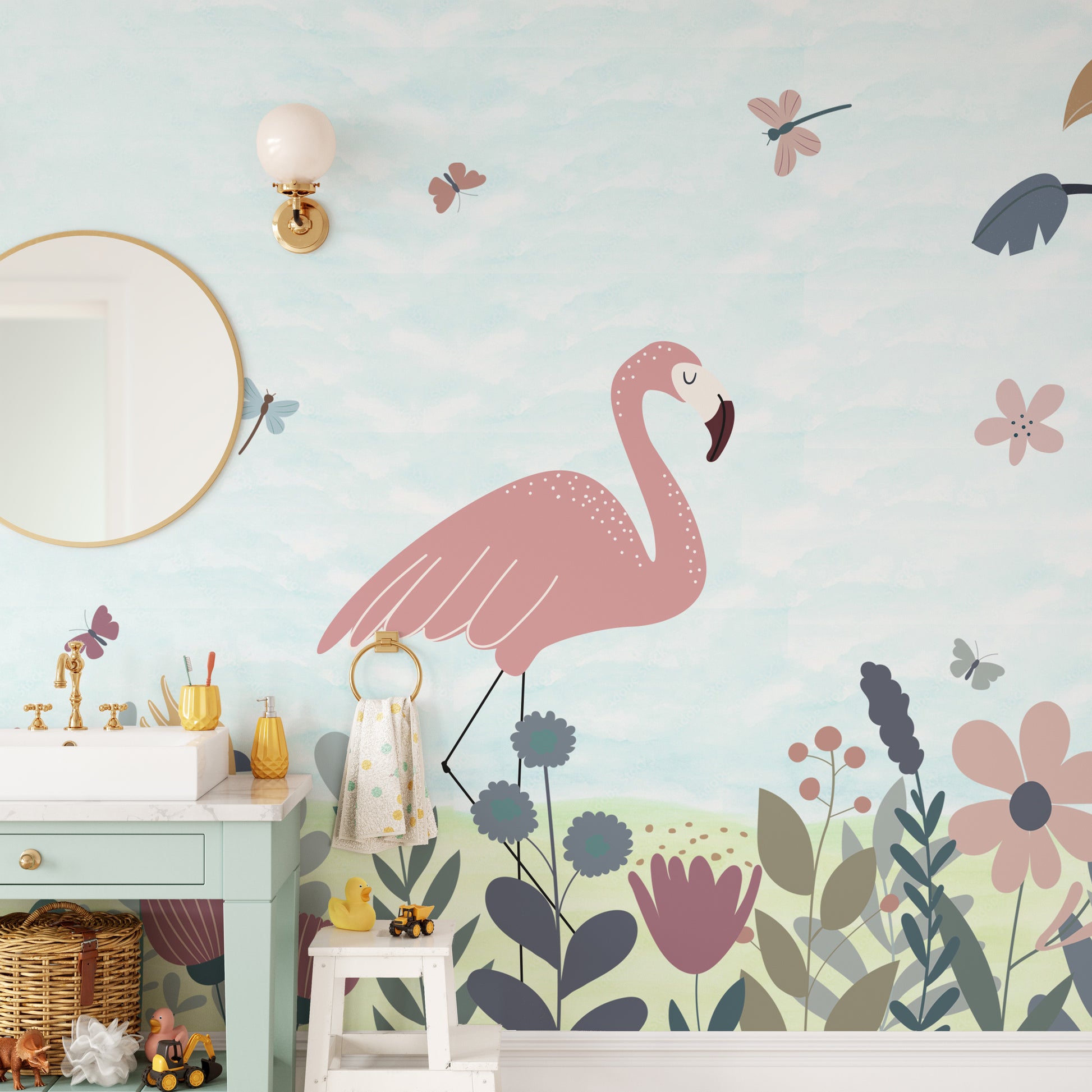 Flamingo-themed wallpaper with floral accents