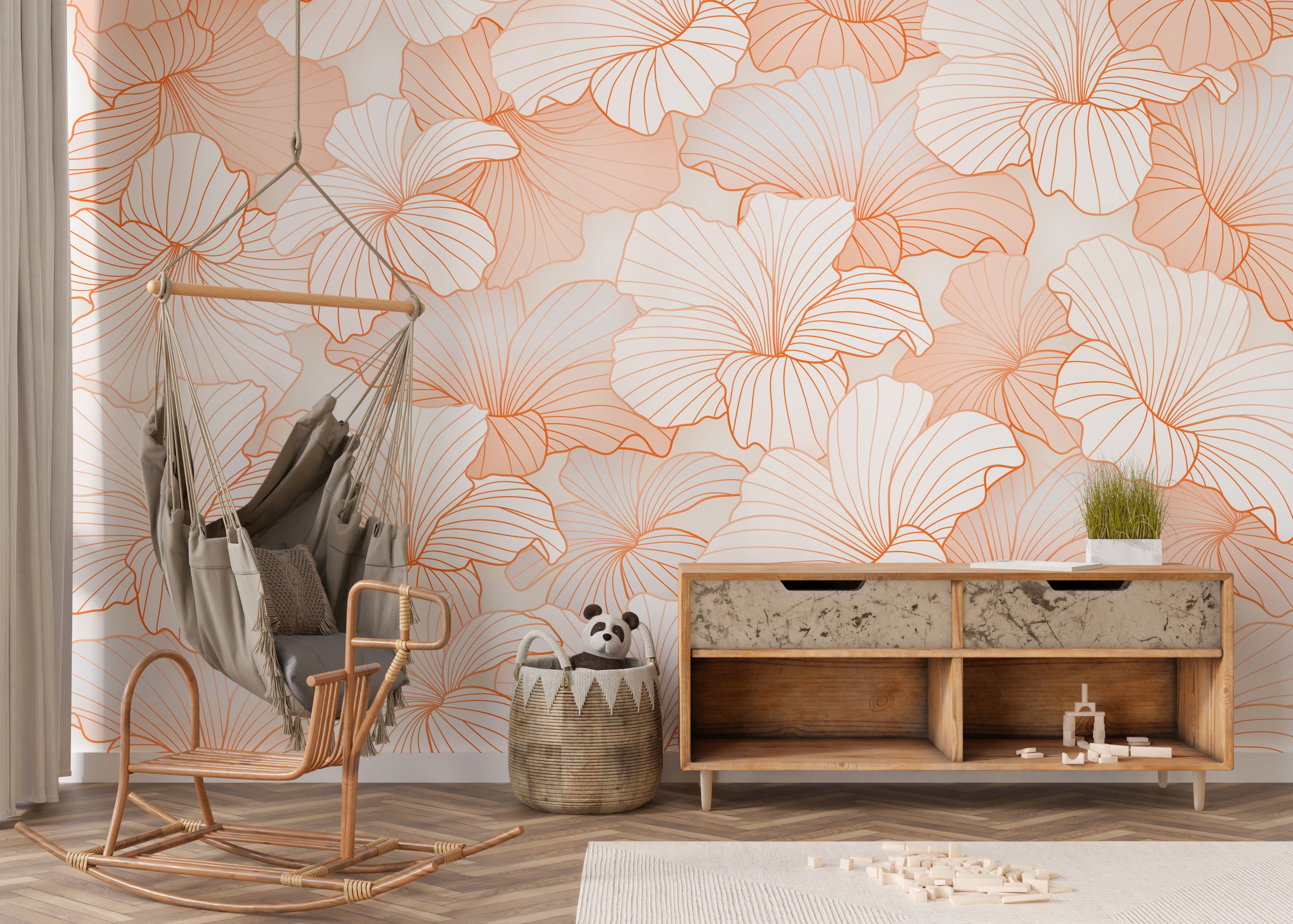 Artistic peach floral wallpaper with fine lines