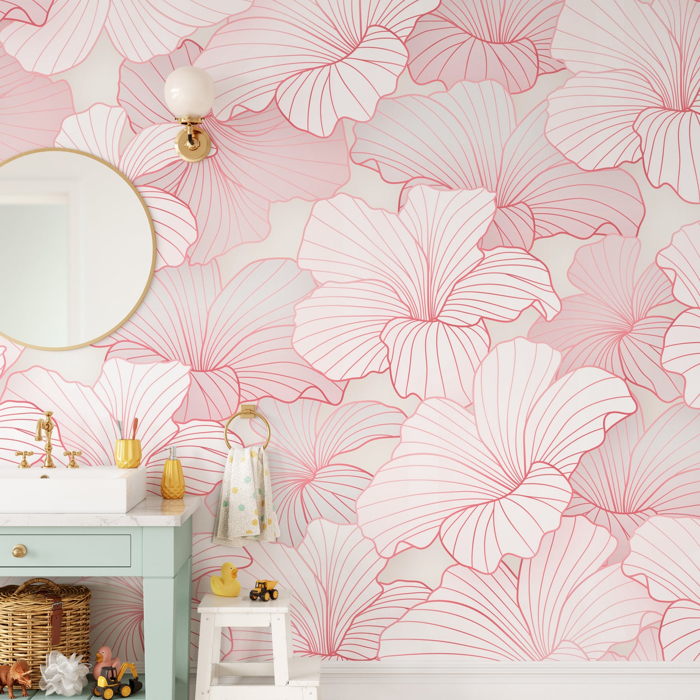 Pink-toned floral wallpaper with fine line art