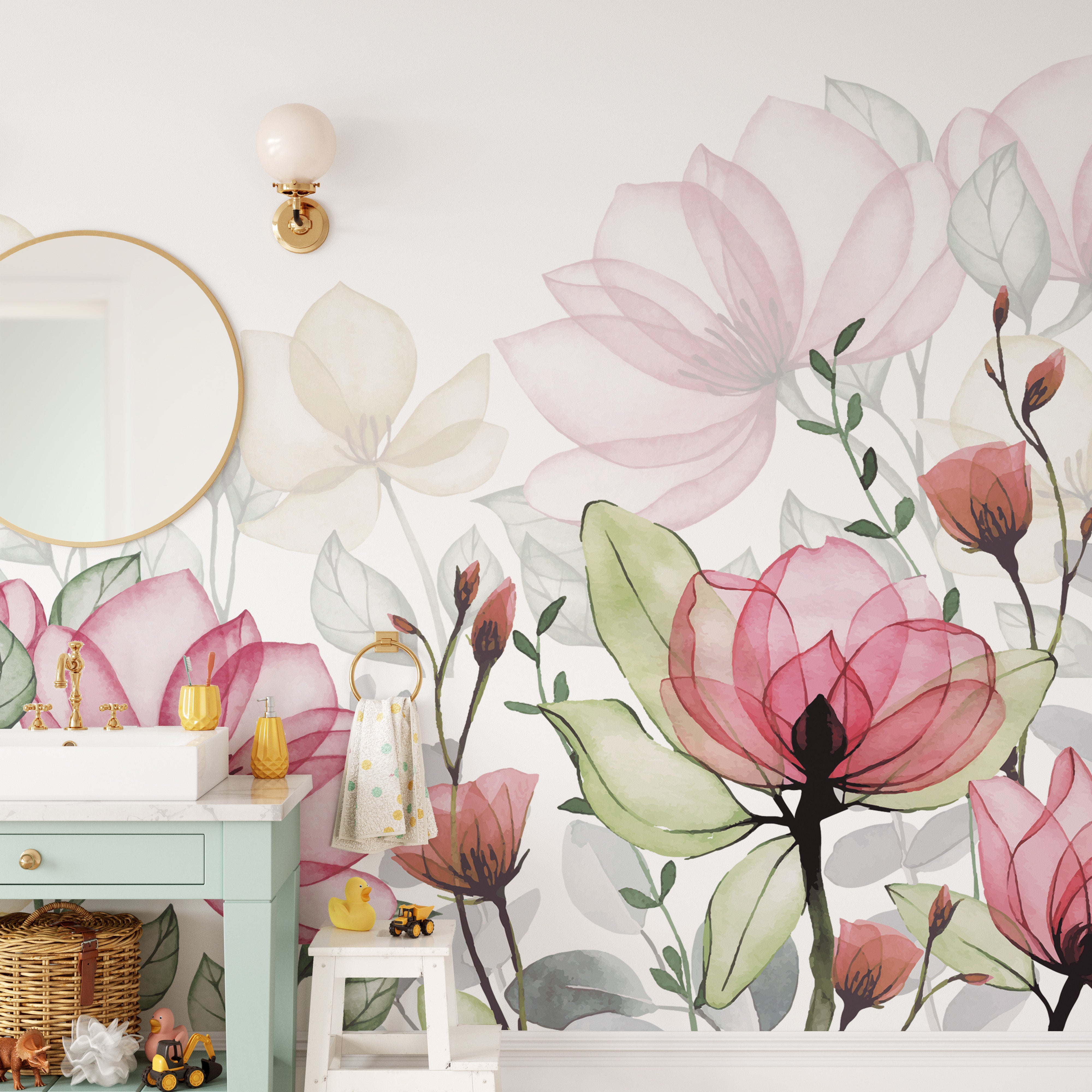 Hand-painted garden wallpaper with delicate petals