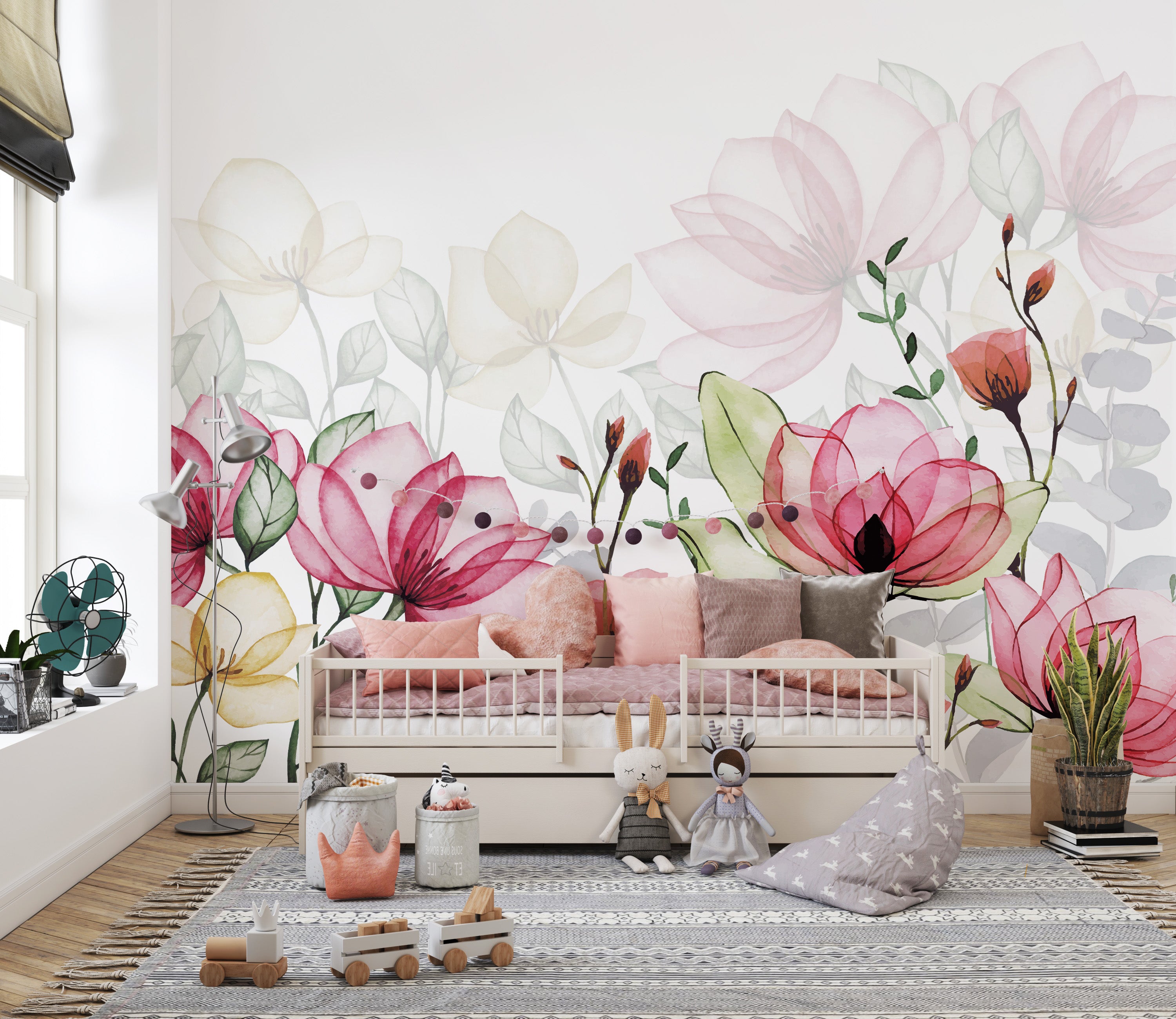 Lush floral wallpaper with soft translucent flowers