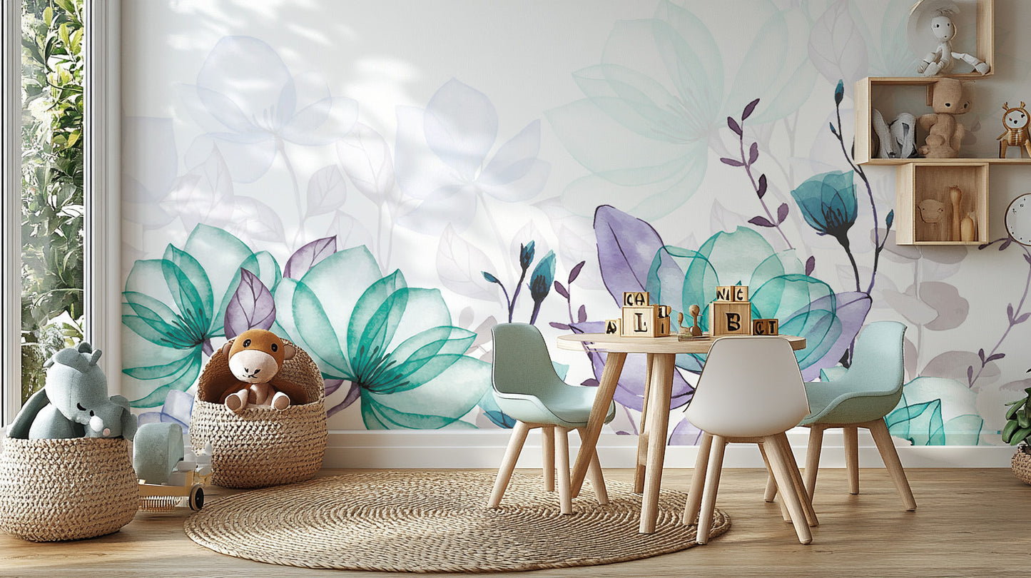 Dreamy botanical mural with soft lavender tones