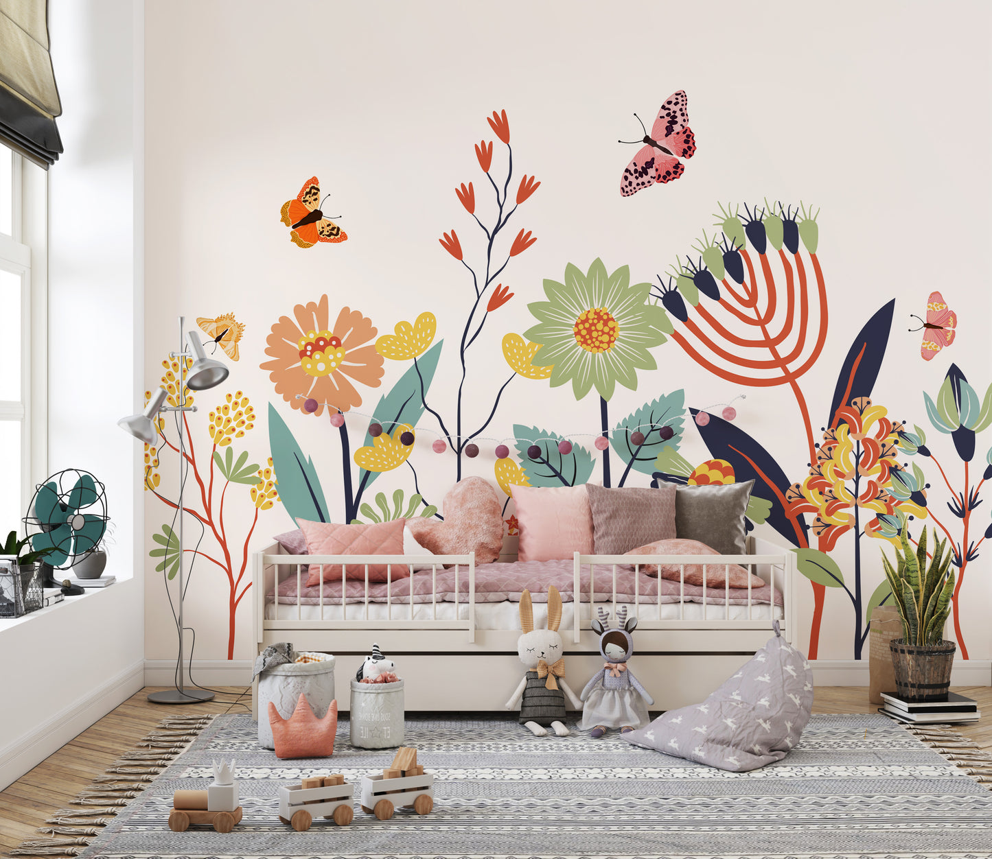 Lively butterfly mural with blooming flowers