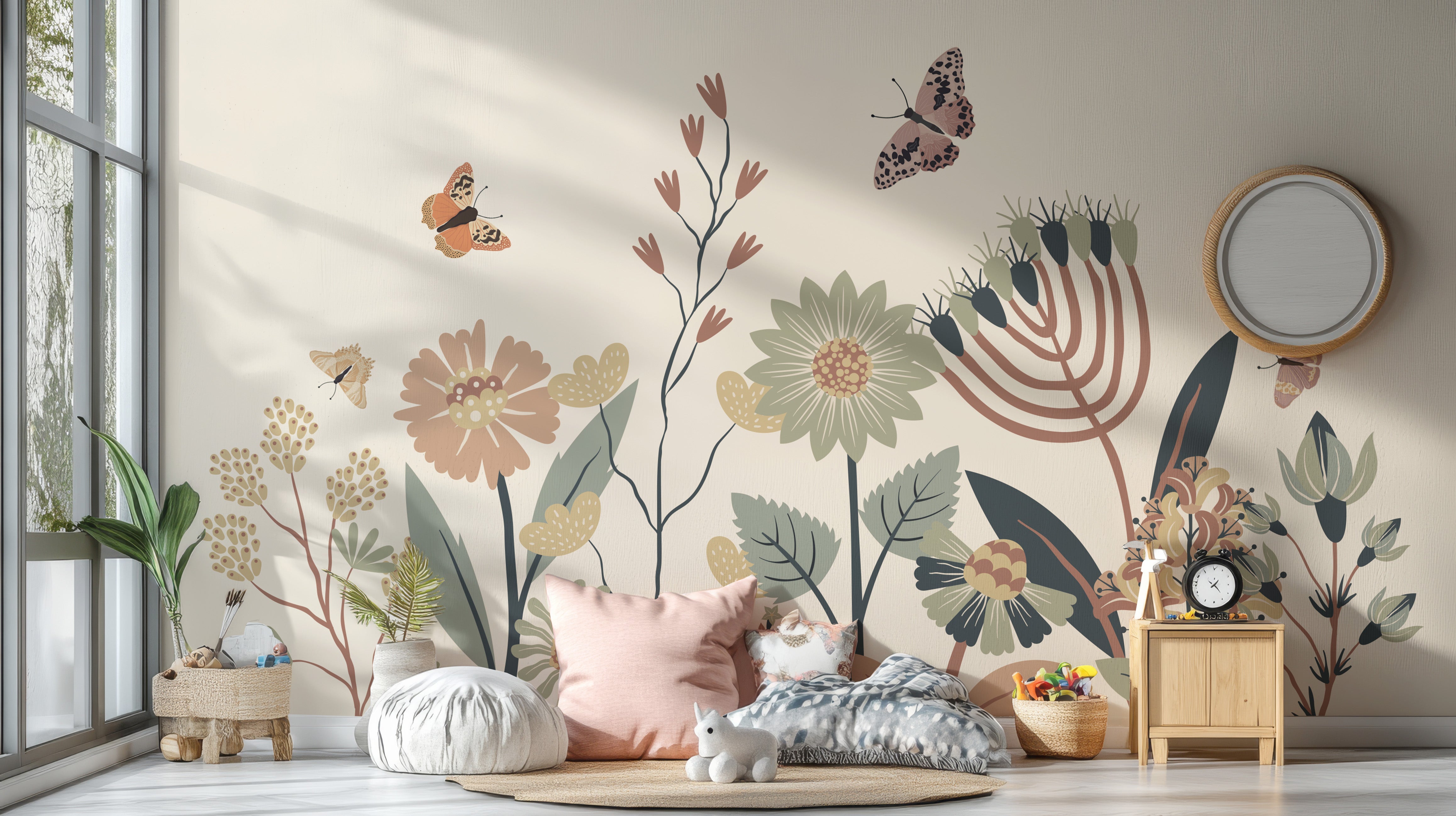 Artistic butterfly and botanical motif wallpaper