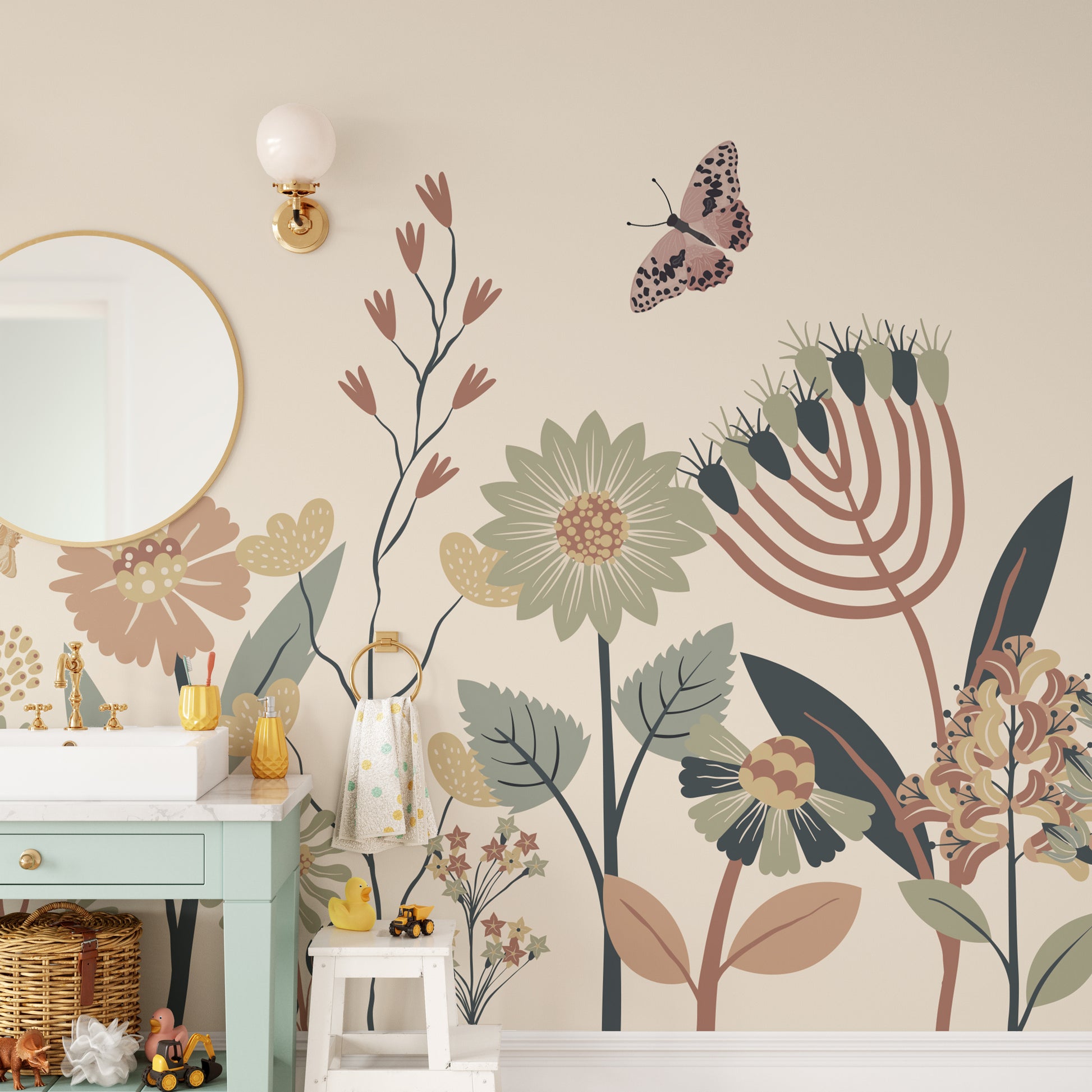 Vintage floral wallpaper with graceful butterflies