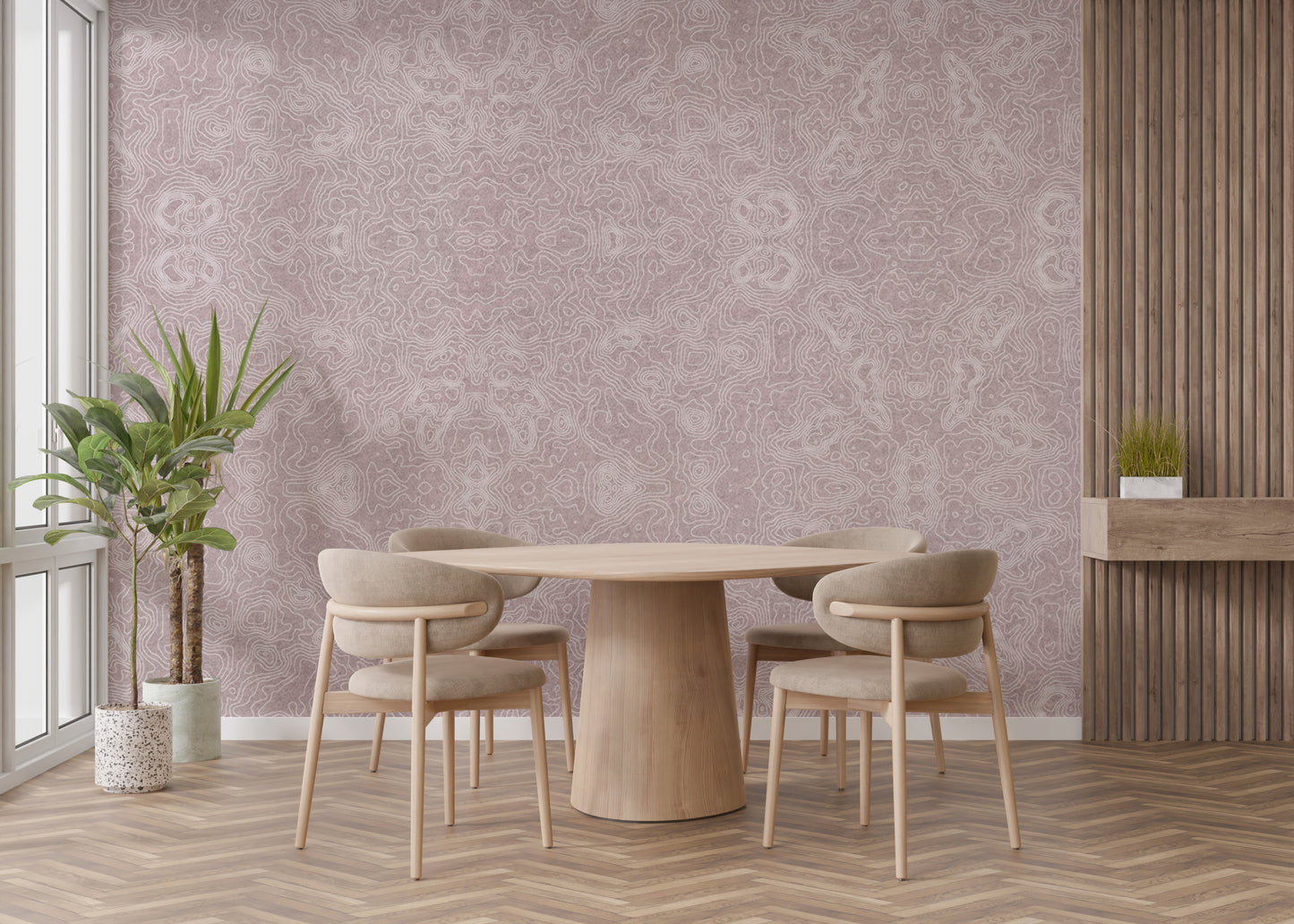 Abstract topographic pattern in mauve wallpaper