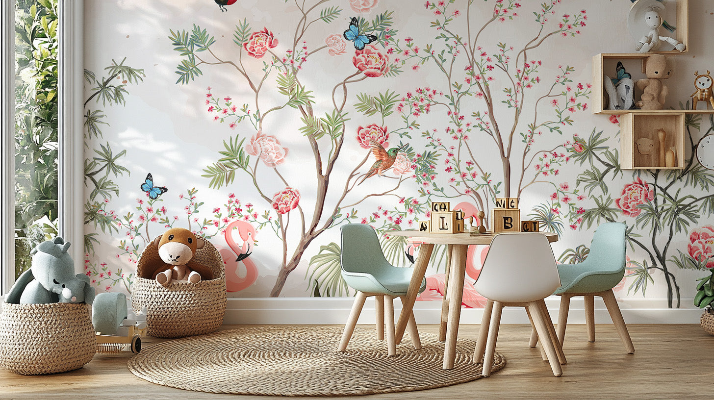 Chinoiserie-style flamingo and peony wall mural